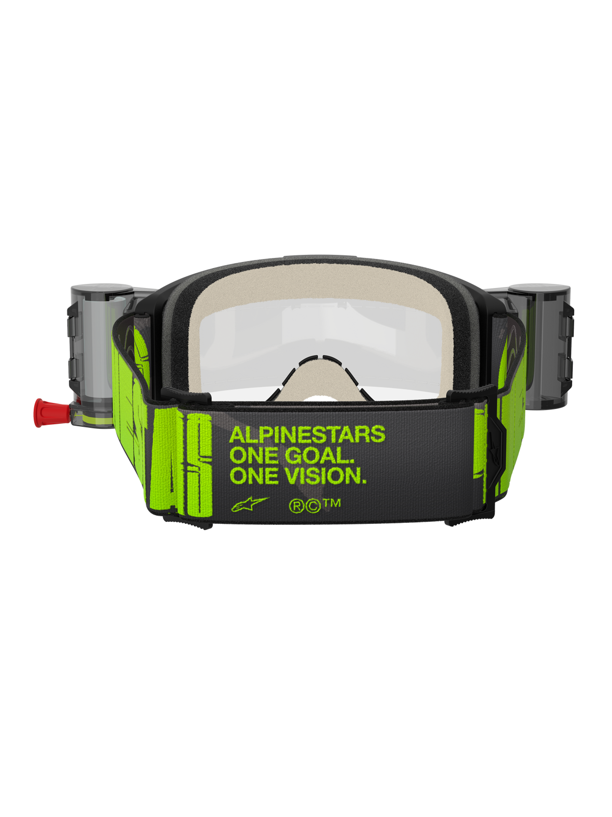 Alpinestars Vision 5 Hollow Goggles Roll Off, Motocross-Schutzbrille, Anthrazit und Neongelb, Rückansicht des breiten gewebten Gurtbands mit dem Slogan „ALPINESTARS ONE GOAL. ONE VISION.“ in Neongelb, dicker mehrschichtiger Gesichtsschaum, Roll-Off-System-Behälter