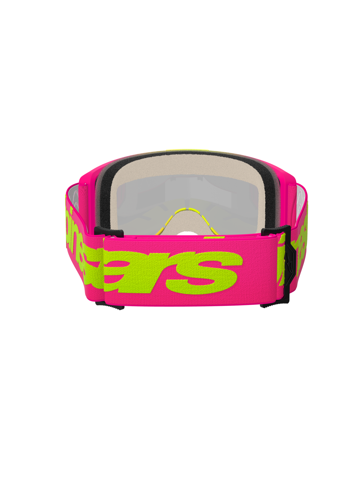 Alpinestars Vision 5 Wordmark Goggles, Motocross-Brille, Pink und Fluo-Gelb, Rückansicht mit Fokus auf das breite, gewebte pinkfarbene Band mit gelbem Alpinestars-Schriftzug, mehrlagiger Gesichtsschaum und leichter Urethan-Rahmen.