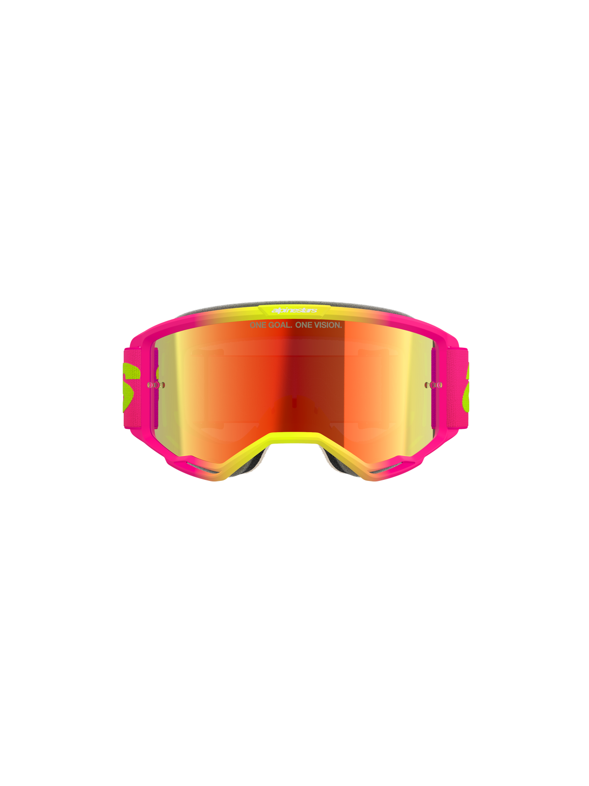 Alpinestars Vision 5 Wordmark Goggles, Motocross-Brille, pinker und neongelber Rahmen mit Red Mirror Glas, auffälliges Branding und „One Goal. One Vision.“ Schriftzug auf dem Glas, Hochleistungs-Offroad-Brille