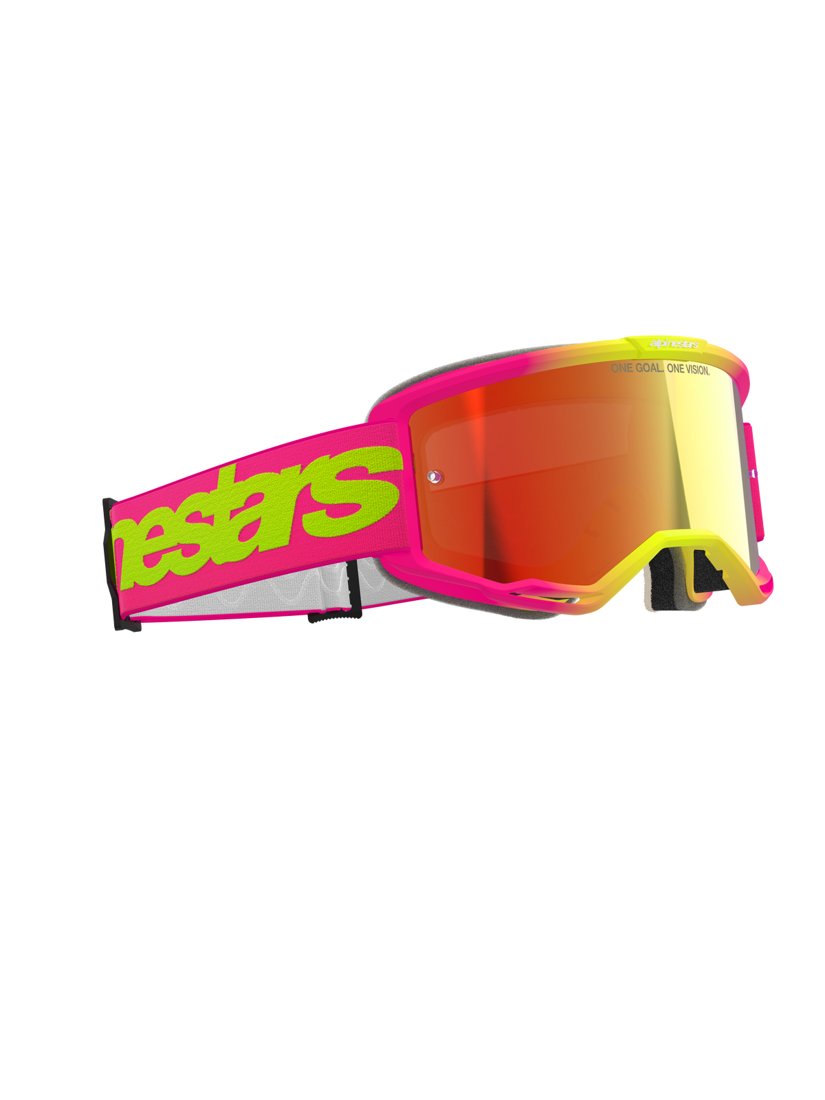 Alpinestars Vision 5 Wordmark Brille, Motocross-Brille, Pink und Fluorgelb mit rot verspiegelter Scheibe, auffälliger Schriftzug auf dem Band, flexibler Rahmen, leistungsstarker Augenschutz für den Offroad-Rennsport