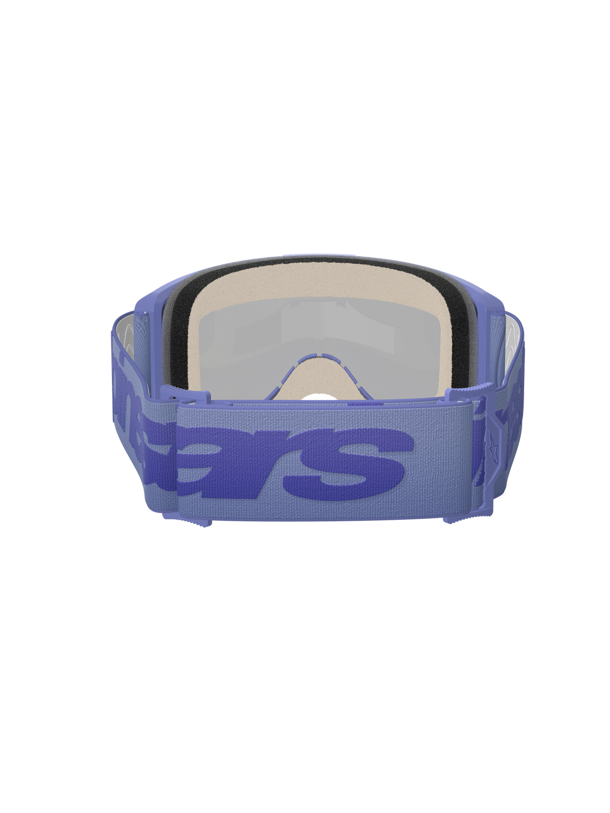 Alpinestars Vision 5 Wordmark Brille, Motocross-Brille, Purple Mirror Blue, Rückansicht zeigt dicken, mehrschichtigen Gesichtsschaumstoff und ein verstellbares lila Band mit großem blauen Schriftzug-Branding, Hochleistungs-Schutzbrille für Offroad-Rennen