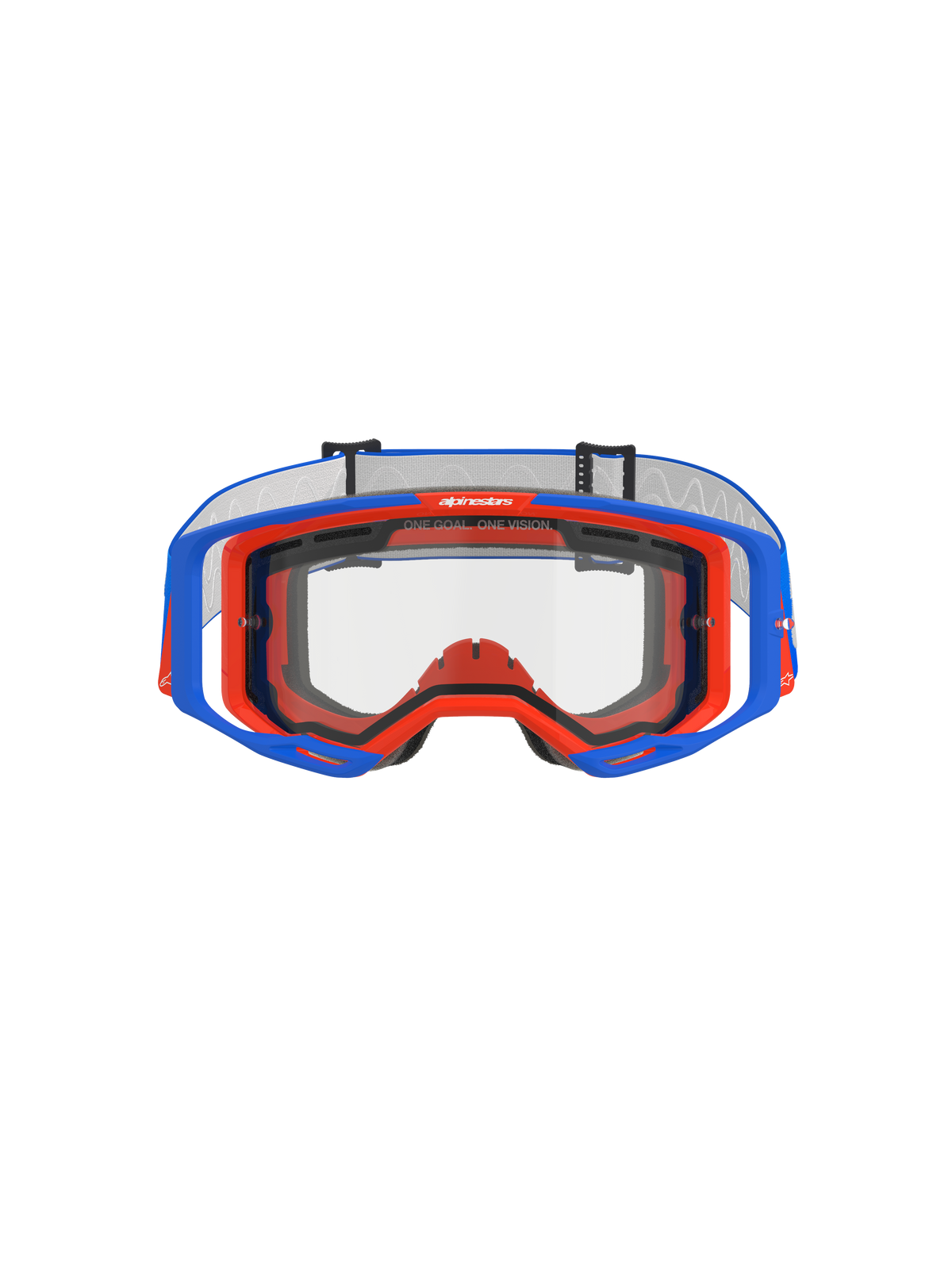 Alpinestars Vision 8 Wordmark Goggles Dual Pane, Motocross Goggles, Blue and Orange with clear lens, front view showing the A-FLEX frame and dual-pane lens, features "ONE GOAL. ONE VISION." slogan on top rim, high-performance off-road racing gear