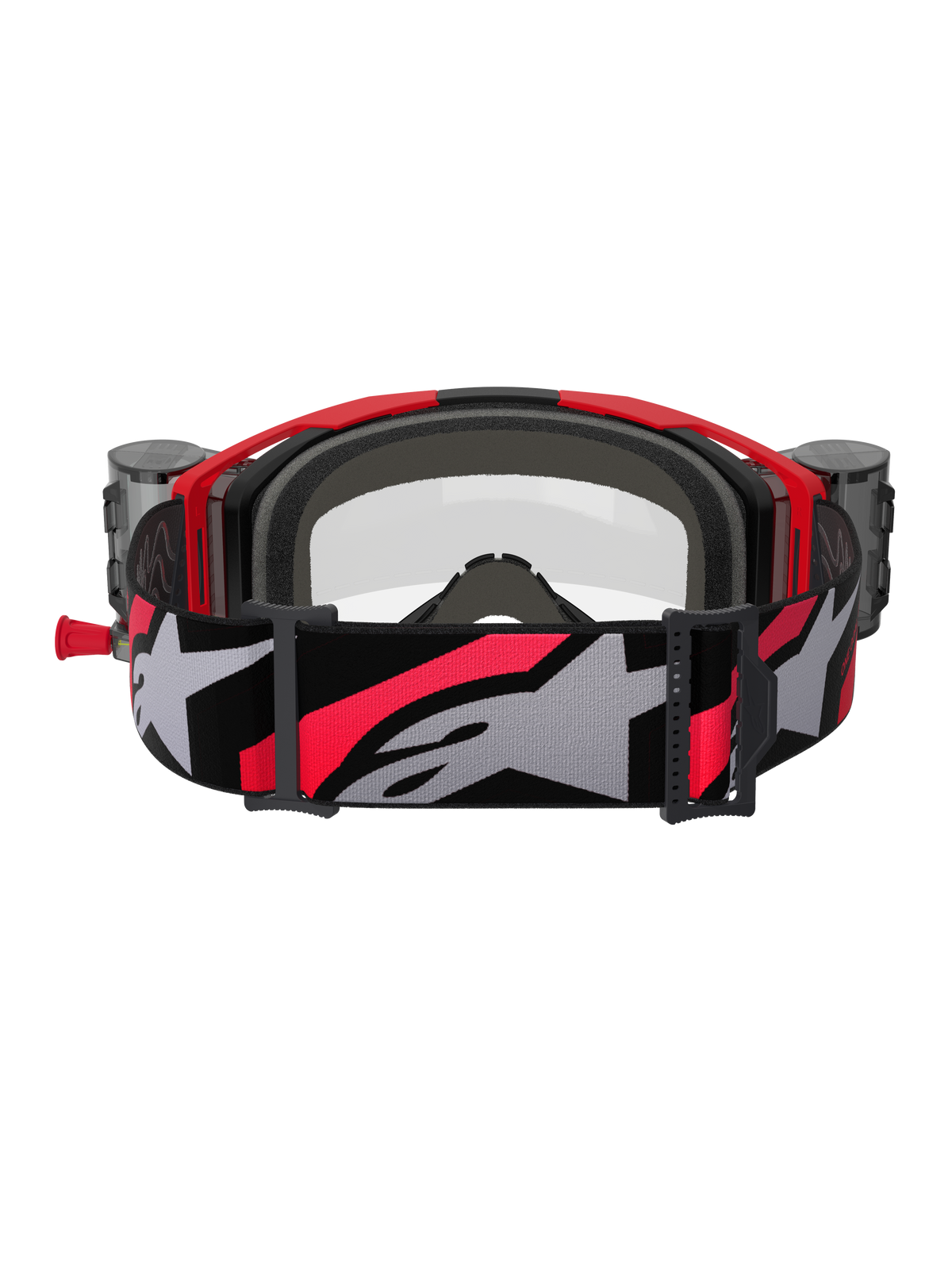 Alpinestars Vision 8 Luar Goggles Roll Off, Motocross Goggles, Red Black and Clear, back view featuring grey interior face foam, roll-off system canisters on the sides, and a wide adjustable strap with a large grey Alpinestars logo and red accents.