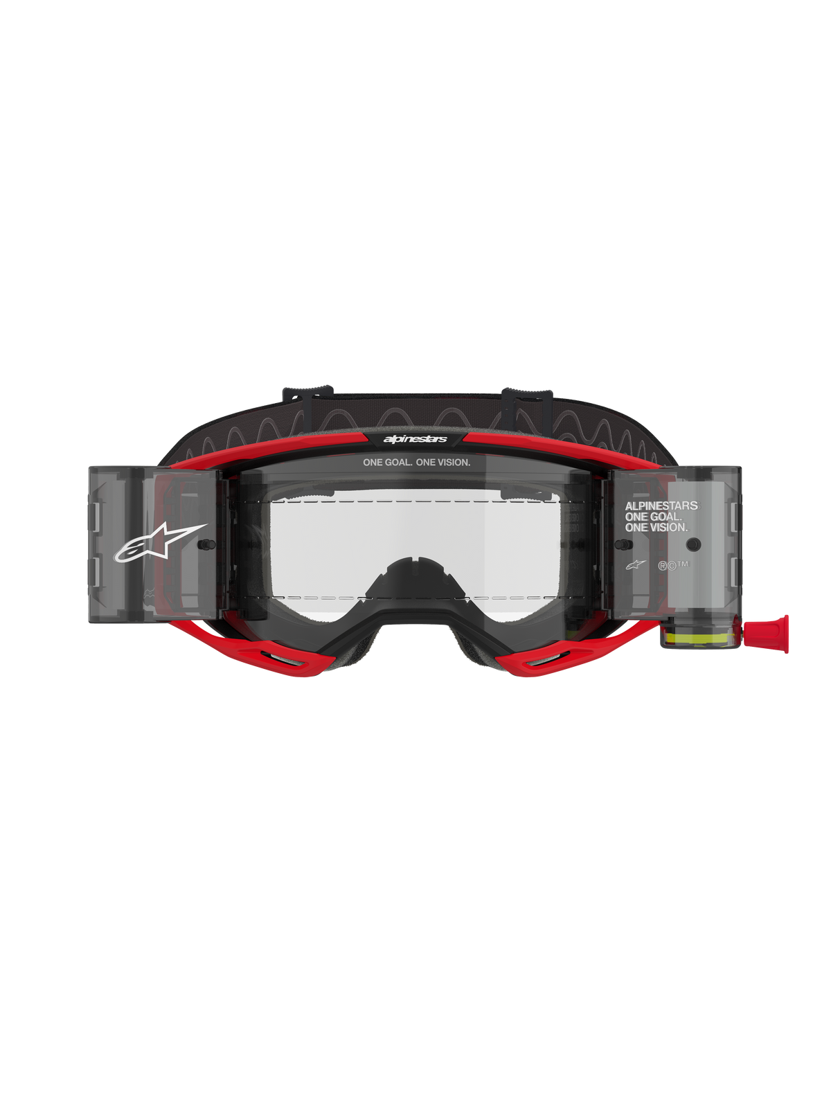 Alpinestars Vision 8 Luar Goggles Roll Off, Motocross Goggles, Red and Black, featuring a clear lens with integrated roll-off system canisters, bold Alpinestars branding with "ONE GOAL. ONE VISION." text, designed for off-road racing visibility