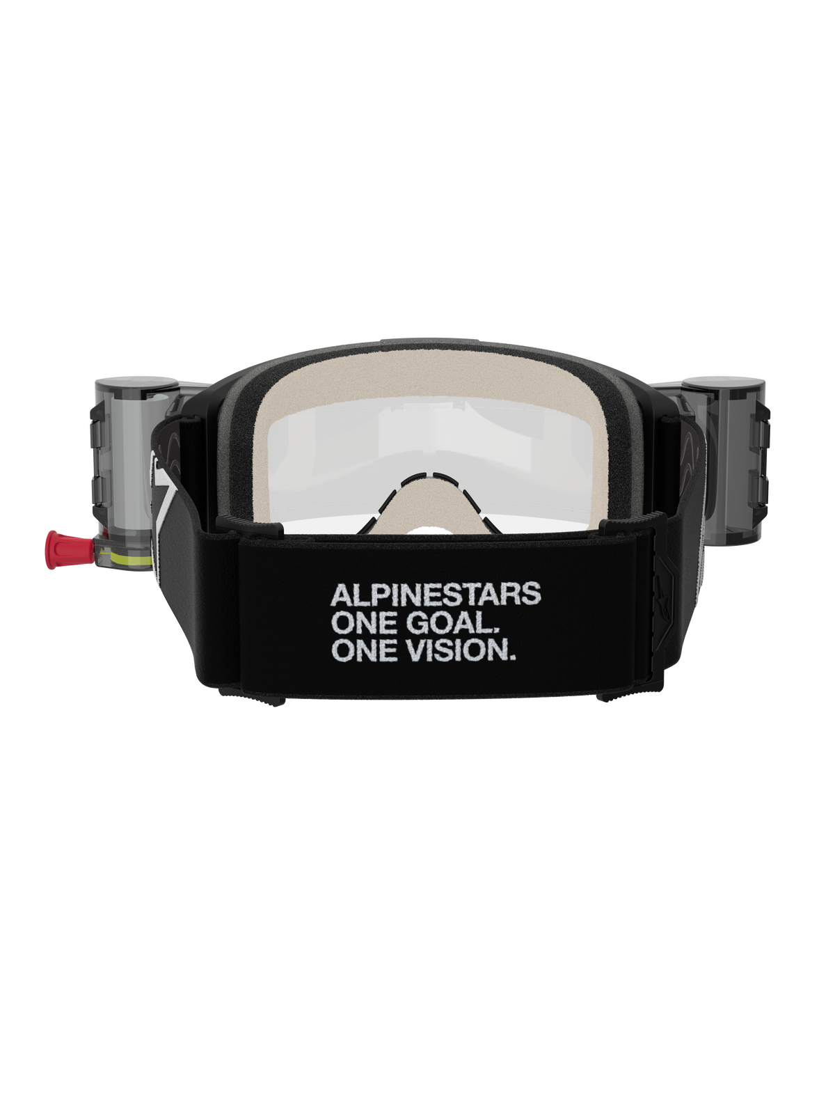 Alpinestars Vision 5 Corp Roll-Off Brille, Motocross-Brille, Schwarz und Klar, Rückansicht mit breitem schwarzem Band mit „ALPINESTARS ONE GOAL. ONE VISION.“-Schriftzug, Roll-Off-System-Behältern und komfortablem mehrschichtigem Gesichtsschaum
