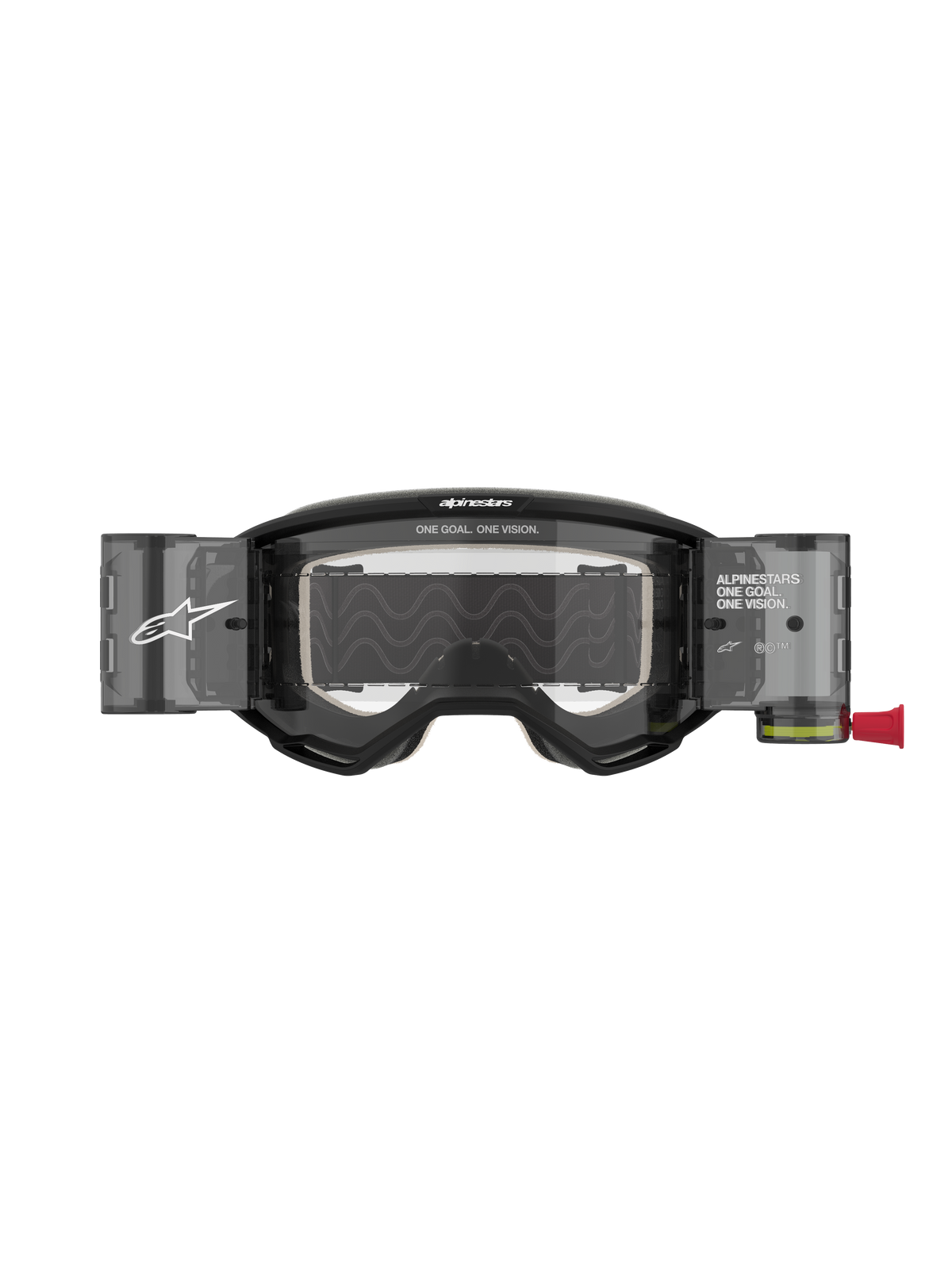 Alpinestars Vision 5 Corp Roll-Off Brille, Motocross-Brille, Schwarz mit klarer Linse, integrierte Wide Vision Roll-Off-System-Behälter, Antibeschlag-Polycarbonat-Linse, A-FLEX Urethan-Rahmen und markantes Alpinestars-Branding.