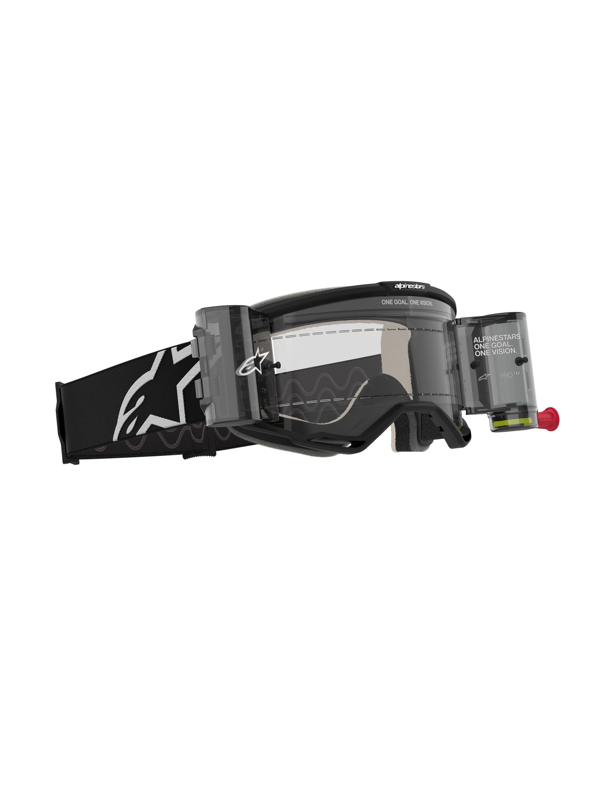 Alpinestars Vision 5 Corp Roll-Off Brille, Motocross-Brille, Schwarz mit klarer Linse, ausgestattet mit Wide Vision Roll-Off-System inklusive Kanistern und Film, schwarzes gewebtes Band mit weißem Alpinestars-Logo, leistungsstarker Augenschutz für den Offroad-Rennsport.