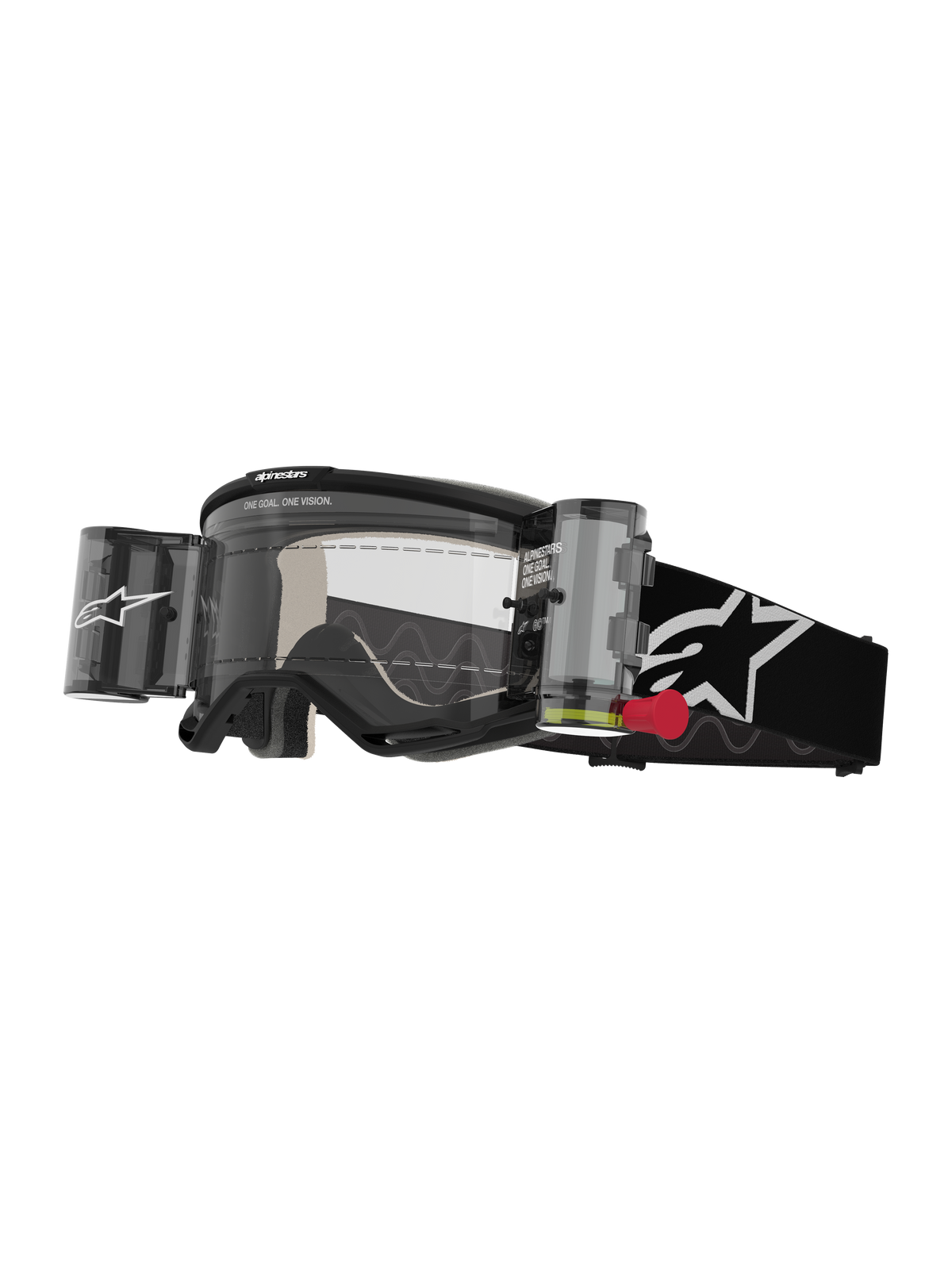 Alpinestars Vision 5 Corp Goggles Roll Off, Motocross-Brille, Schwarz und Weiß, klare Linse mit integriertem Wide Vision Roll-Off-System, rote Zuglasche, schwarzes Band mit weißem Stern-Logo, ONE GOAL ONE VISION-Branding