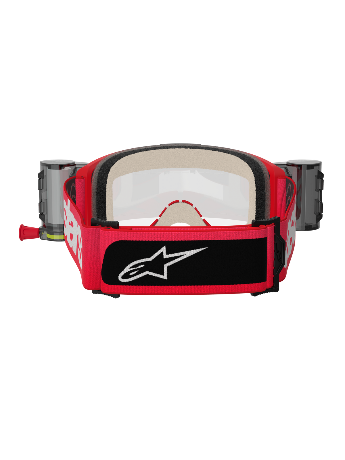 Alpinestars Vision 5 Blaze Roll-Off Brille, Rot und Schwarz, Rückansicht mit breitem, gewebtem Band, weißem Branding und schwarzem Logo-Patch, dicker mehrstufiger Gesichtsschaum und Wide Vision Roll-Off-System-Behälter an den Seiten, Motocross-Schutzausrüstung