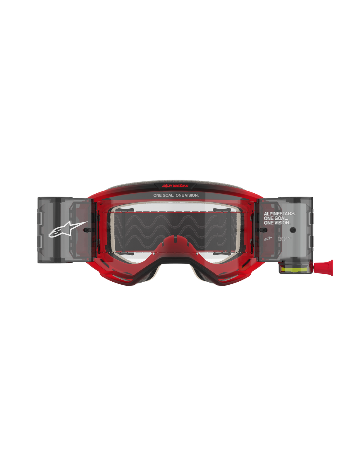 Alpinestars Vision 5 Blaze Roll-Off Brille, Motocross-Brille, roter Rahmen mit klarer Linse, integriertes Wide Vision Roll-Off-System mit seitlichen Behältern, 'ONE GOAL. ONE VISION.' Branding auf dem Rahmen und der Linse, professioneller Offroad-Augenschutz
