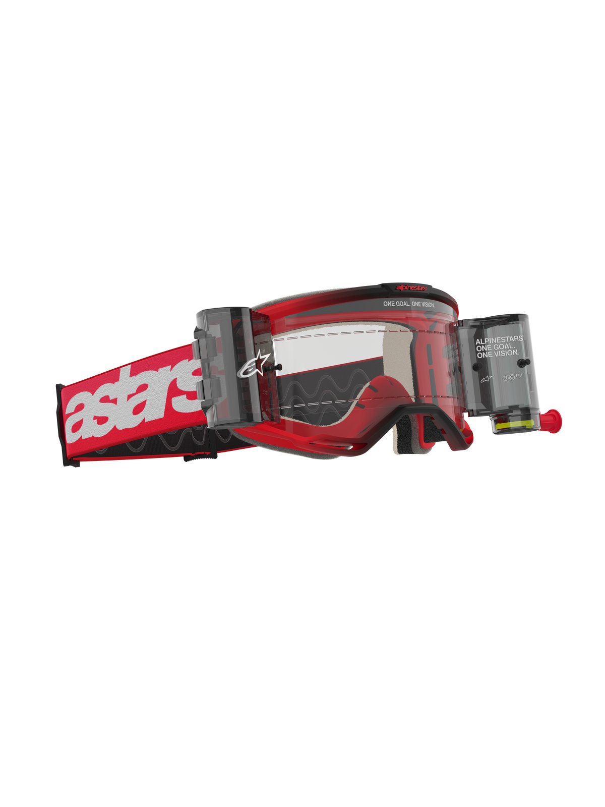 Alpinestars Vision 5 Blaze Roll-Off-Schutzbrille, Motocross-Brille, roter Rahmen mit weißem Astars-Logo auf dem Brillenband, klare Linse mit integrierten Behältern für das Wide-Vision-Roll-Off-System, strapazierfähiger Augenschutz für das Offroad-Fahren