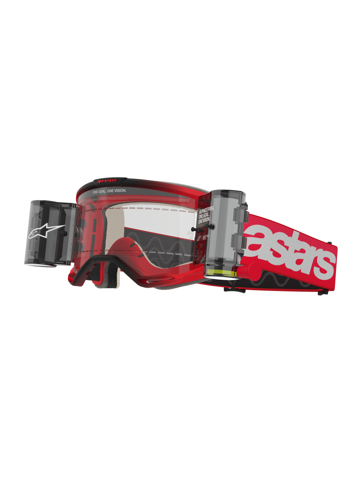 Alpinestars Vision 5 Blaze Roll-Off-Brille, Motocross-Brille, Rot und Weiß, klare Linse mit integriertem Wide Vision Roll-Off-Filmsystem, beidseitige Kanister, rotes gewebtes Band mit markantem weißem Astars-Branding, langlebiger Urethan-Rahmen mit Schaumstoffpolsterung, Offroad-Rennsport-Brille