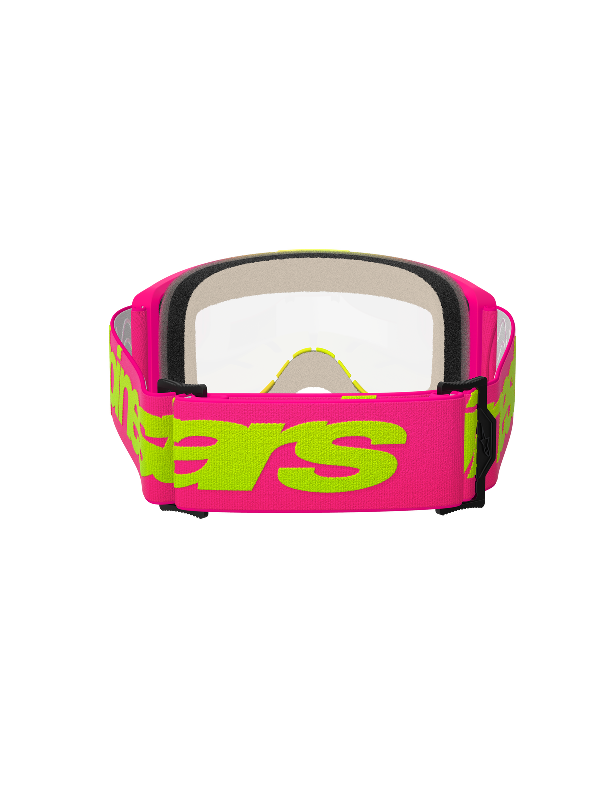Alpinestars Vision 5 Wordmark Goggles, Motocross-Brille, Pink und Fluo-Gelb, Rückansicht mit breitem gewebtem pinkfarbenem Band, neongelber Alpinestars-Schriftzug, klare Sichtscheibe und mehrlagige Gesichtsschaum-Polsterung