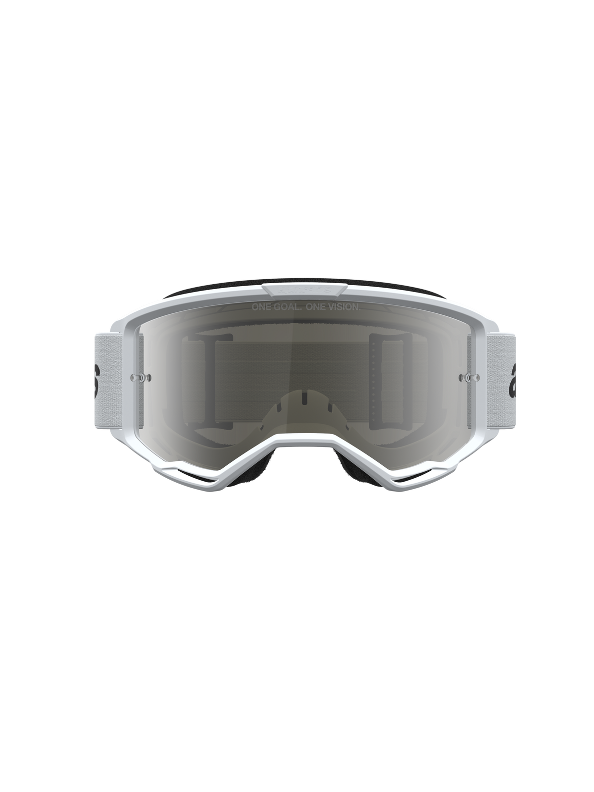 Alpinestars Vision 3 Wordmark Mirror veiligheidsbril, witte en zwarte motorcrossbril met zilveren spiegelglas, anti-condens lens en RAM-AIR ventilatie.