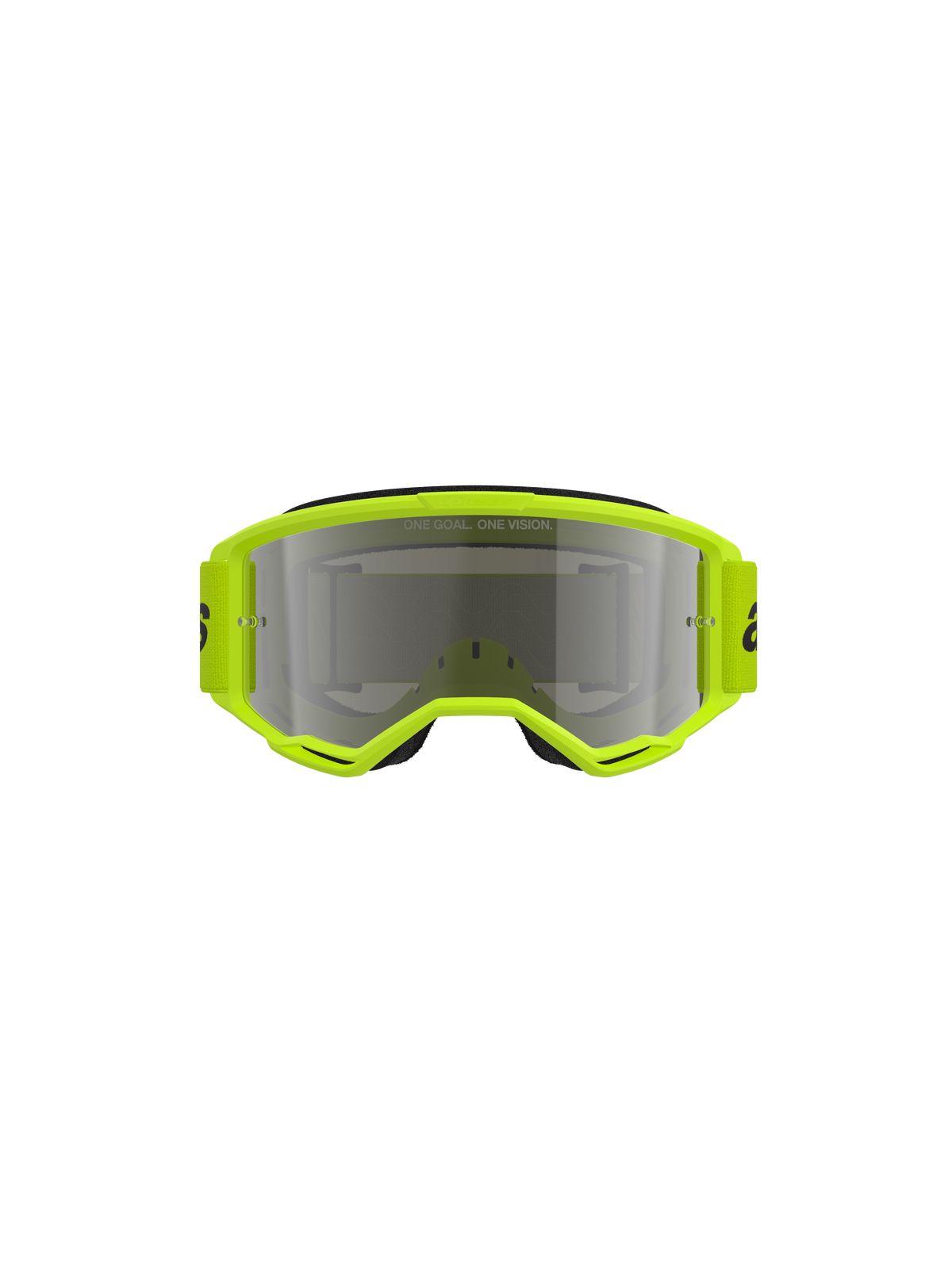 Lunettes Alpinestars Vision 3 Wordmark, lunettes de motocross, monture jaune fluo avec écran miroir argenté, bandeau jaune assorti avec logo noir, vue de face mettant en valeur le large champ de vision