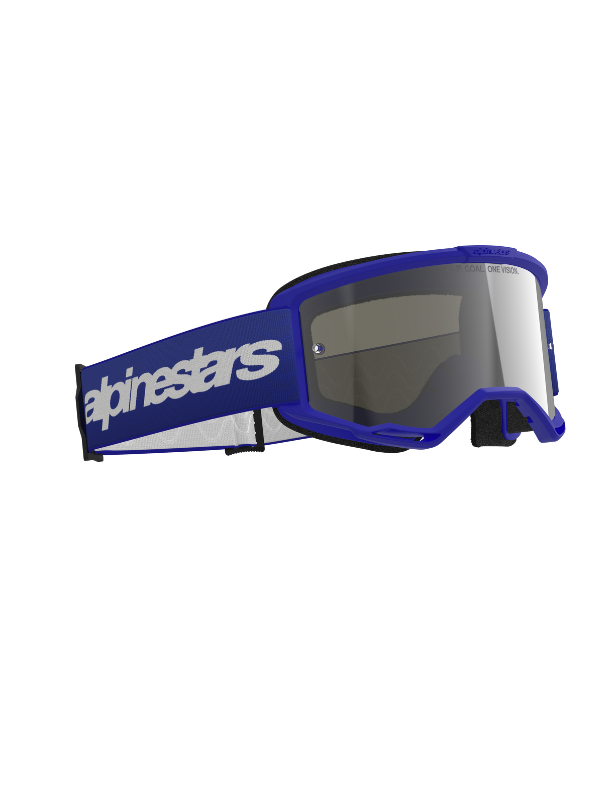 Alpinestars Vision 3 Wordmark Goggles, Motocross Goggles, Blue with Silver Mirror Lens, featuring a blue frame and wide blue strap with a white wordmark logo, durable design for off-road racing