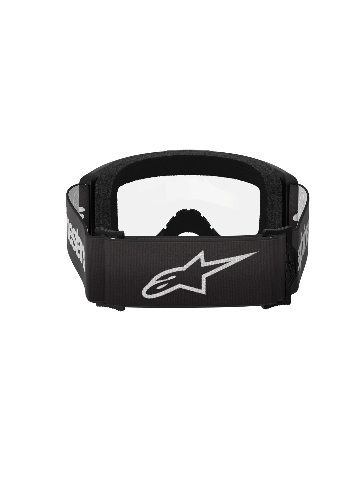Alpinestars Vision 3 Wordmark Goggles, Motocross-Brille, Schwarz und Klar, Rückansicht mit breitem schwarzem Band, weißem Alpinestars Stern-Logo und Schriftzug, dickem schwarzem Gesichtsschaum und klarer Scheibe.