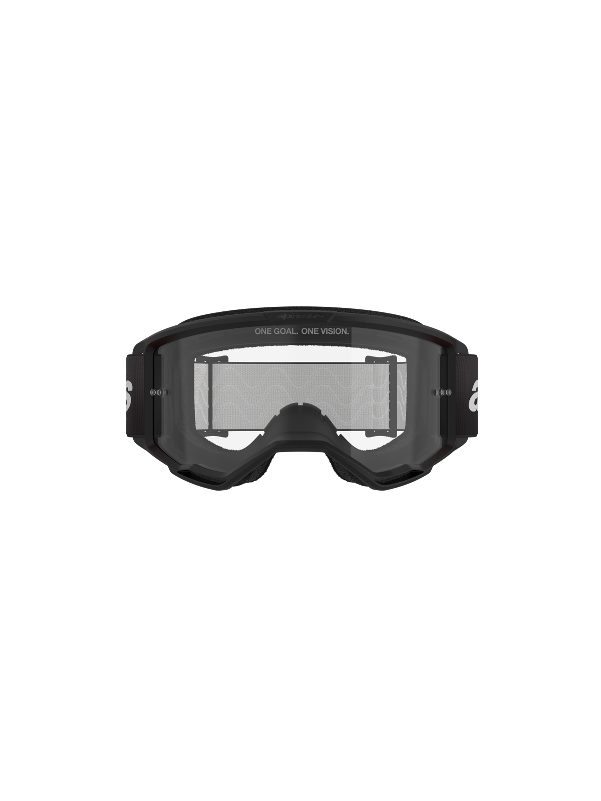Alpinestars Vision 3 Wordmark Brille, Motocross-Brille, Schwarz und Klar, Vorderansicht mit klarer Antibeschlag-Linse, A-FLEX-Rahmen, schwarzem Brillenband mit weißem Alpinestars-Logo und „ONE GOAL. ONE VISION.“ Slogan-Detail.