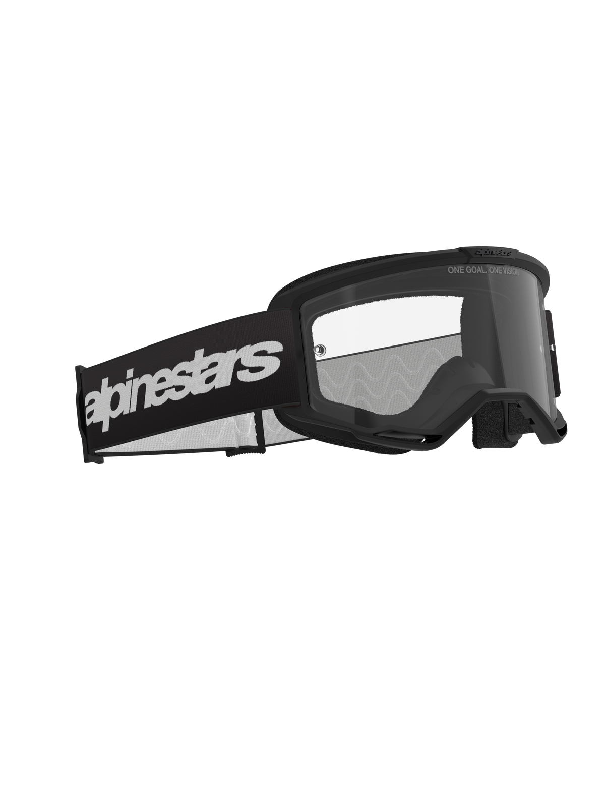 Alpinestars Vision 3 Wordmark Brille, Motocross-Brille, Schwarz und Klar, mit breitem schwarzem Band und markantem weißem Wortmarken-Logo, klare Antibeschlag-Scheibe mit „ONE GOAL. ONE VISION.“-Schriftzug, schlankes Performance-Design für den Offroad-Rennsport