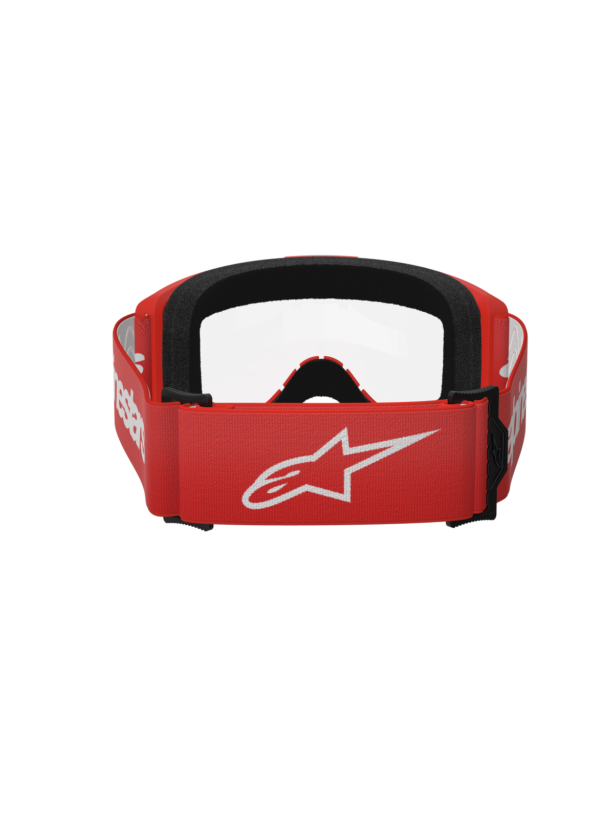 Alpinestars Vision 3 Wordmark Goggles, Motocross-Brille, Rot und Klar, Rückansicht mit rotem gewebtem Band, großem weißen Alpinestars-Logo und schwarzer Gesichtsschaum-Polsterung