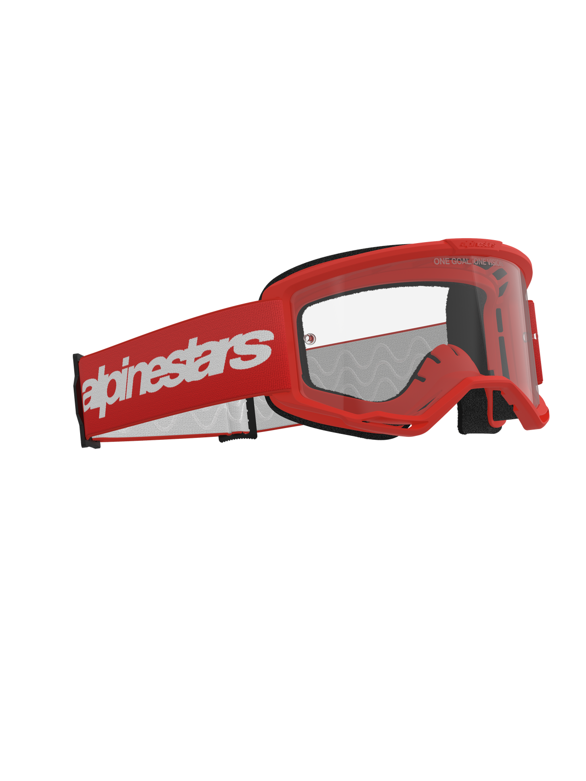 Alpinestars Vision 3 Wordmark Brille, Motocross-Brille, Rot mit klarer Linse, mit rotem Rahmen und breitem rotem Band mit weißem Alpinestars-Schriftzug, professionelle Offroad-Rennsport-Schutzbrille