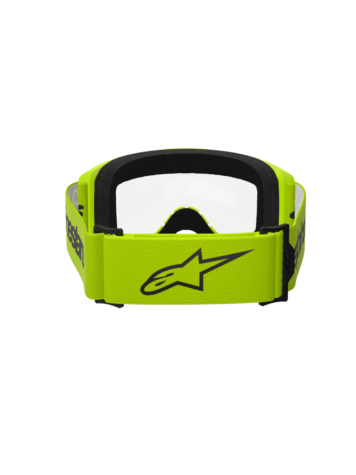 Alpinestars Vision 3 Wordmark Brille, Motocross-Brille, Gelb Fluo mit klarer Linse, Rückansicht mit breitem gelbem Brillenband und schwarzem Alpinestars-Logo, schwarze Schaumstoff-Innenseite, strapazierfähiges Design für Offroad-Rennsport