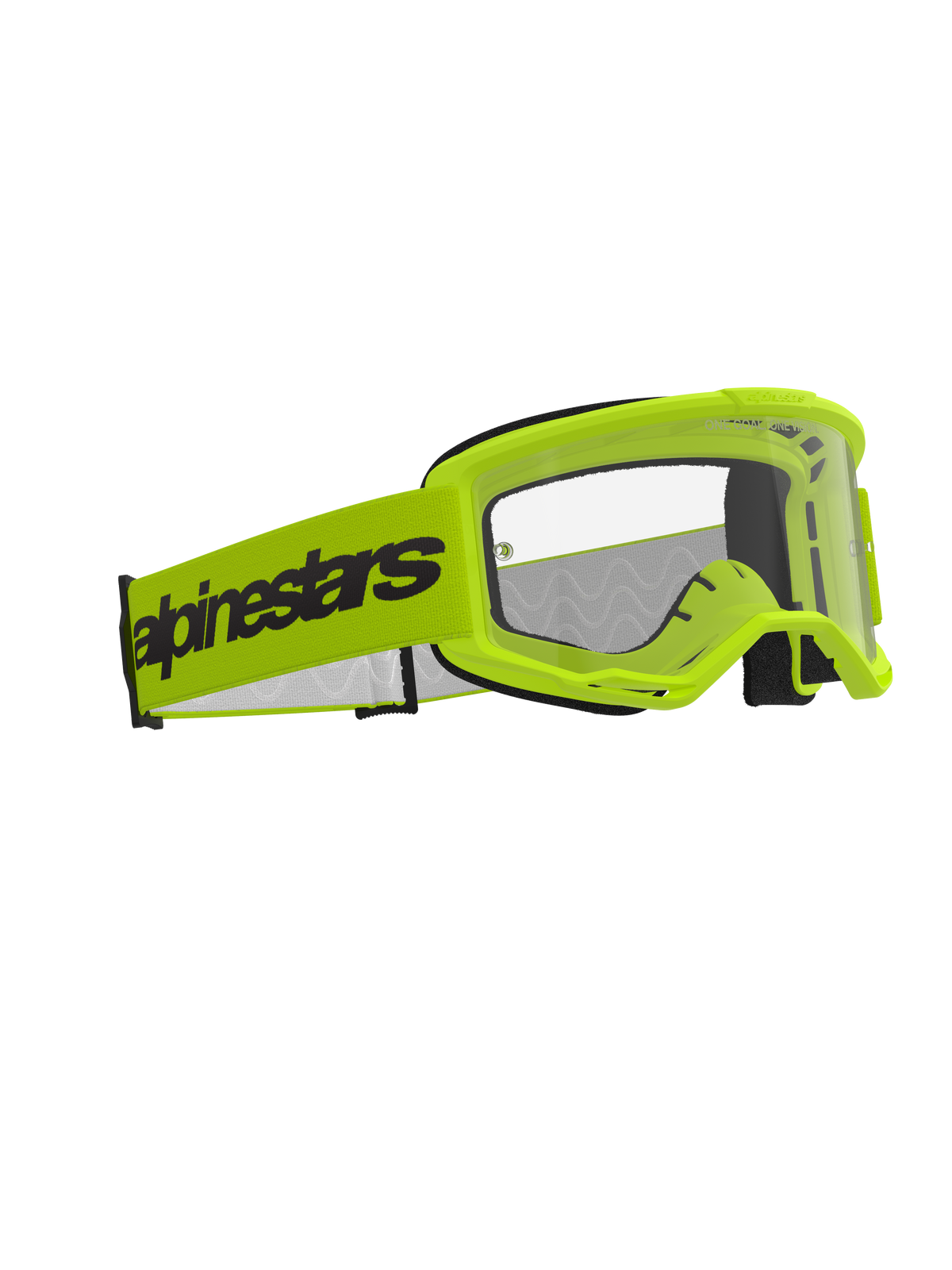 Alpinestars Vision 3 Wordmark Brille, Motocross-Brille, Gelb Fluo mit klarer Linse, breites neongelbes Band mit schwarzem Alpinestars-Schriftzug, leichter A-FLEX-Rahmen mit RAM-AIR-Belüftung, Hochleistungs-Augenschutz für den Offroad-Rennsport