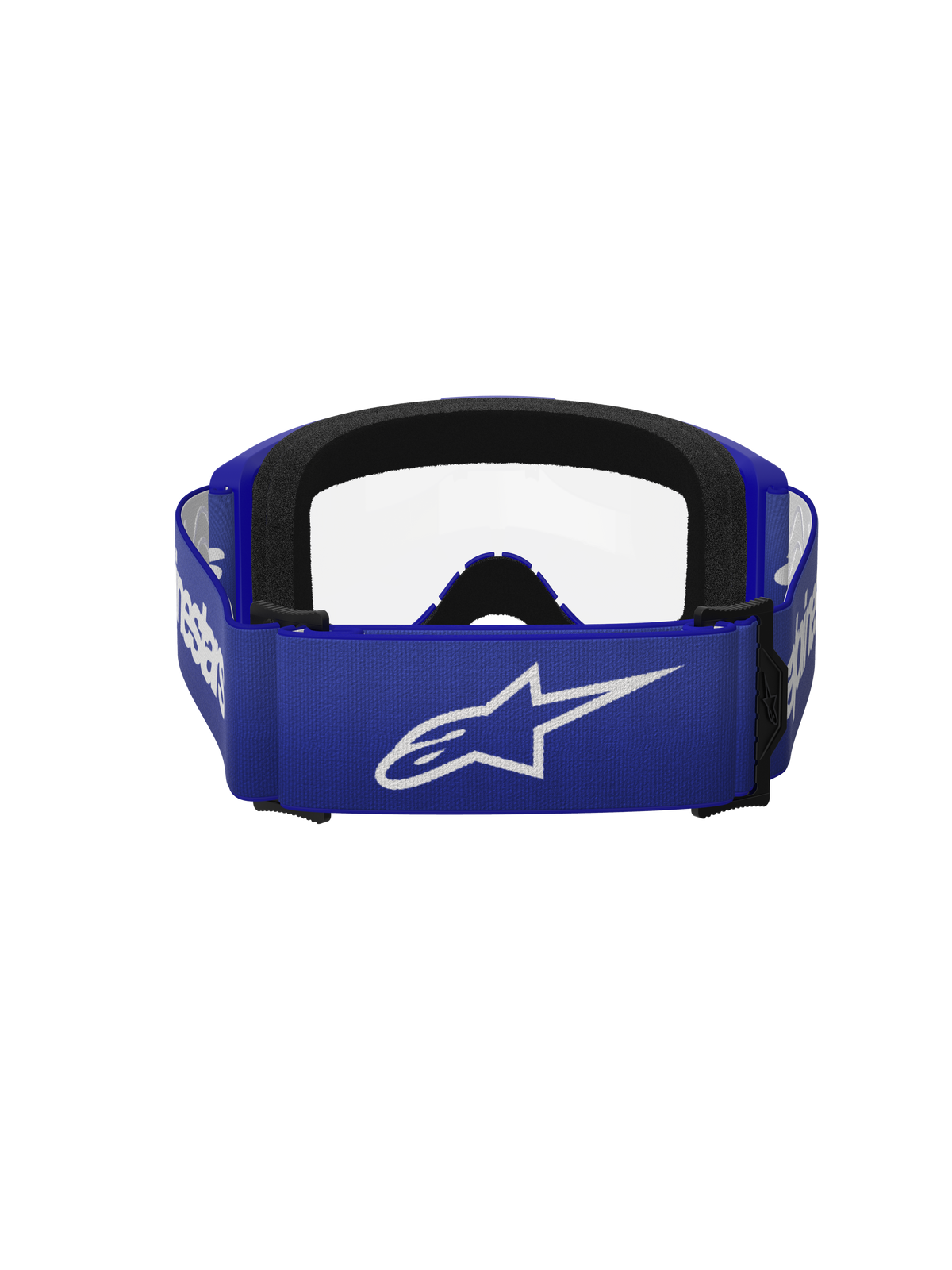 Alpinestars Vision 3 Wordmark Brille, Motocross-Brille, Blau und Transparent, Rückansicht mit breitem blauen Band und weißem A-Star-Logo, schwarzer Schaumstoffpolsterung und klarer Linse, konzipiert für den Offroad-Rennsport
