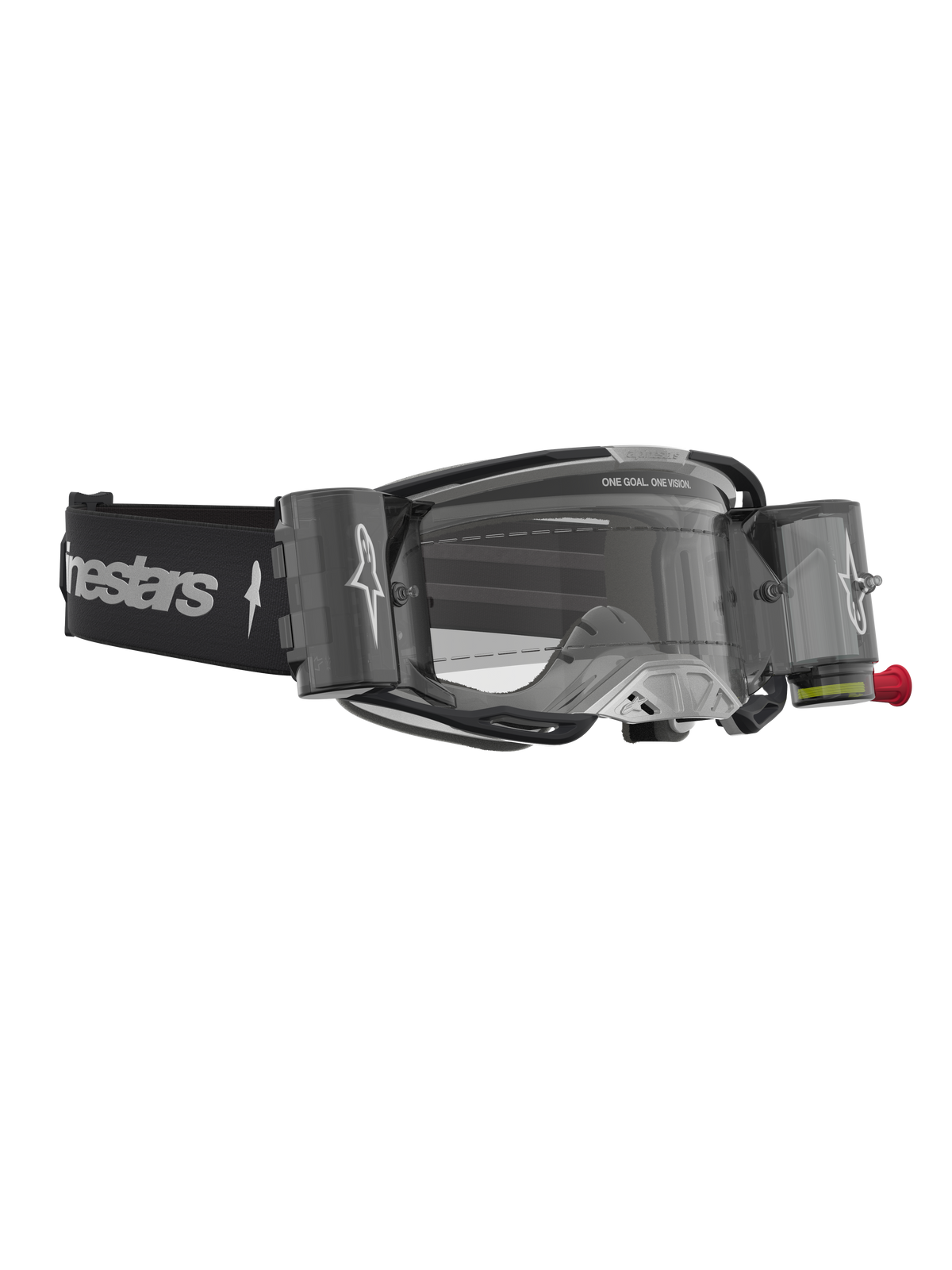 Masque Alpinestars Vision 8 Amber Roll Off, masque de motocross noir et argenté avec système roll-off intégré, lentille claire et bandeau logotypé pour la pratique du tout-terrain.