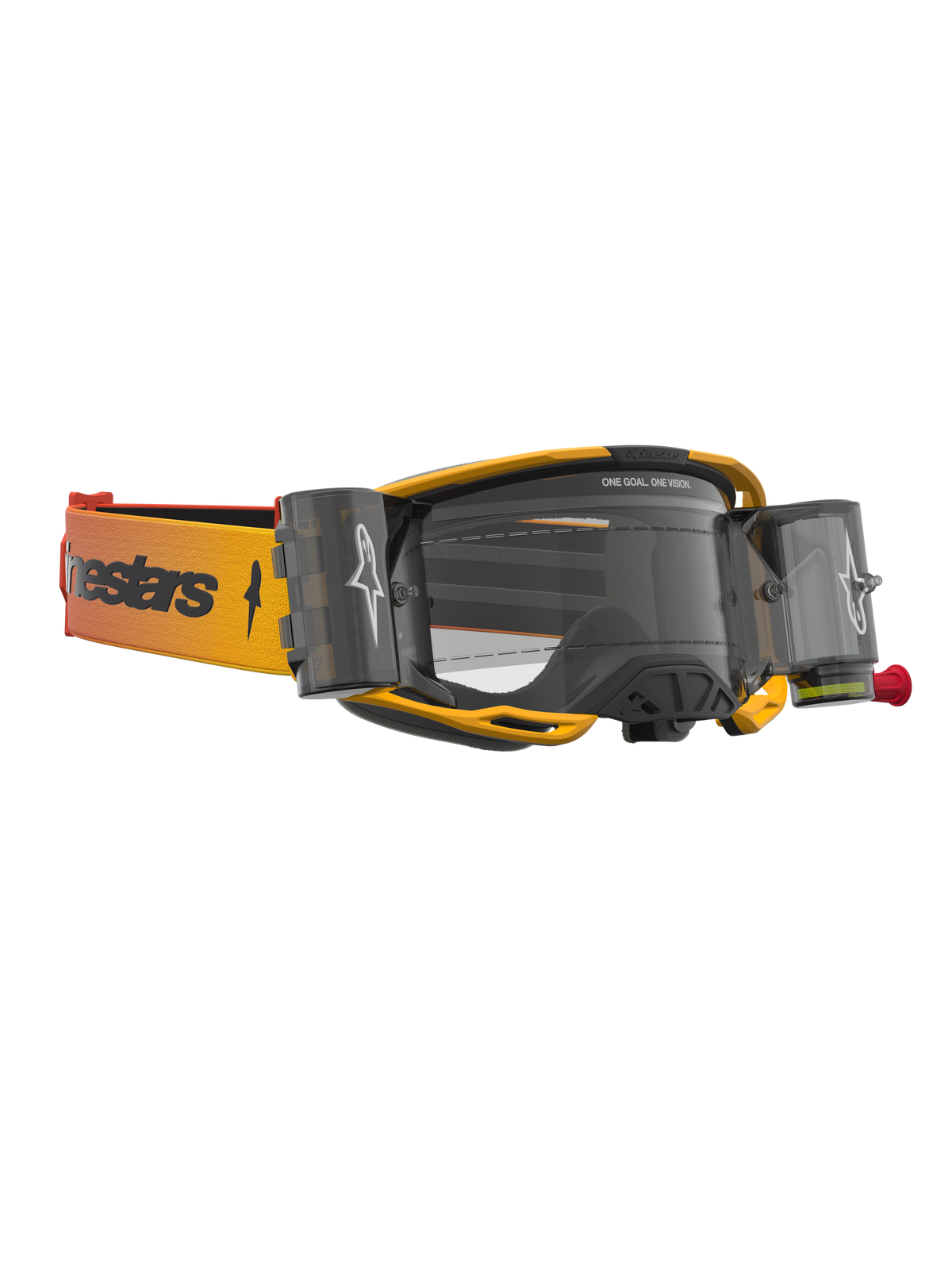 Masque Alpinestars Vision 8 Amber Roll Off, masque de motocross jaune et rouge avec système roll-off et lentille transparente.