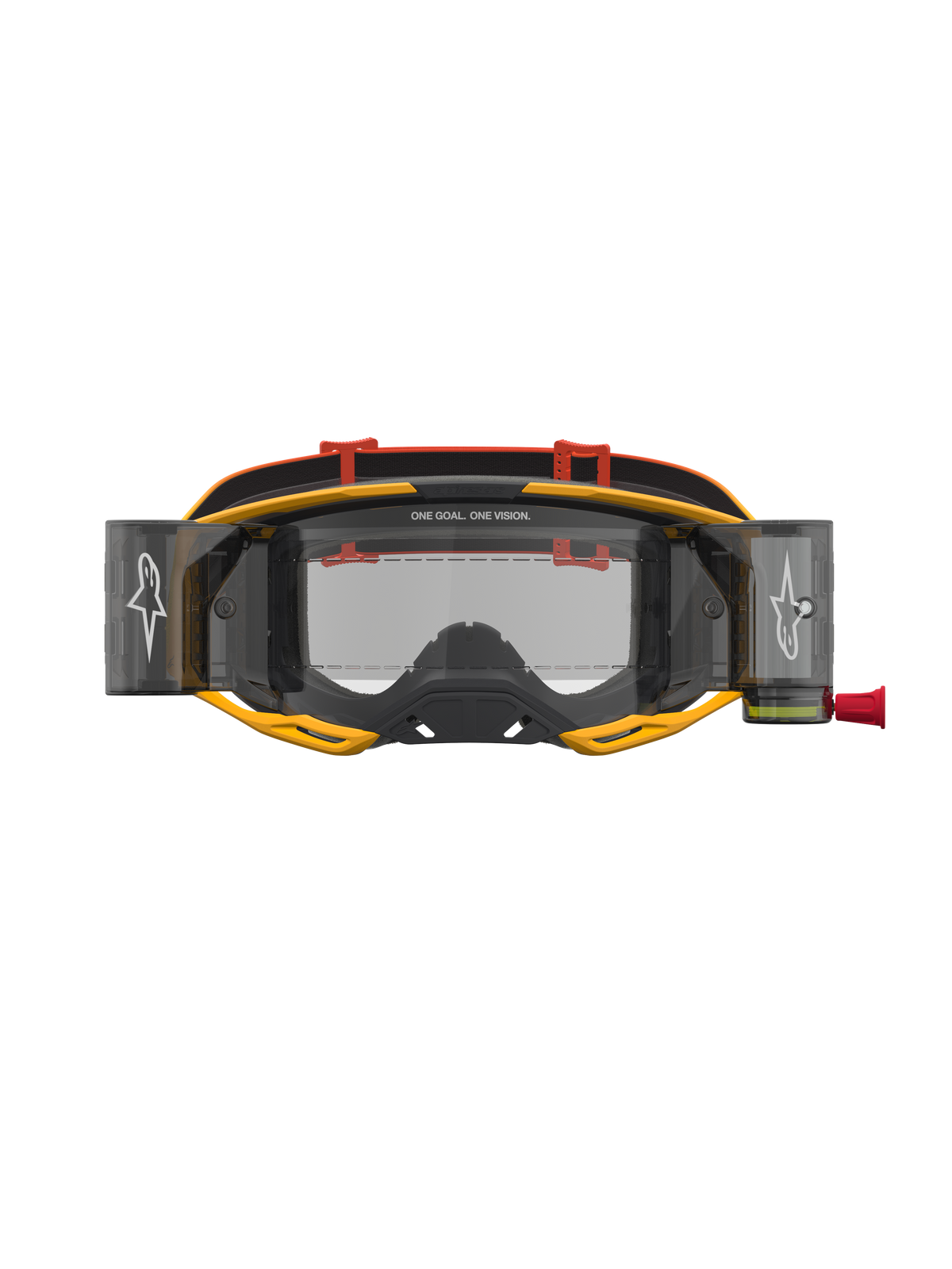 Alpinestars Masque Vision 8 Amber Roll Off, masque de motocross, jaune et rouge, système roll-off et écran transparent.
