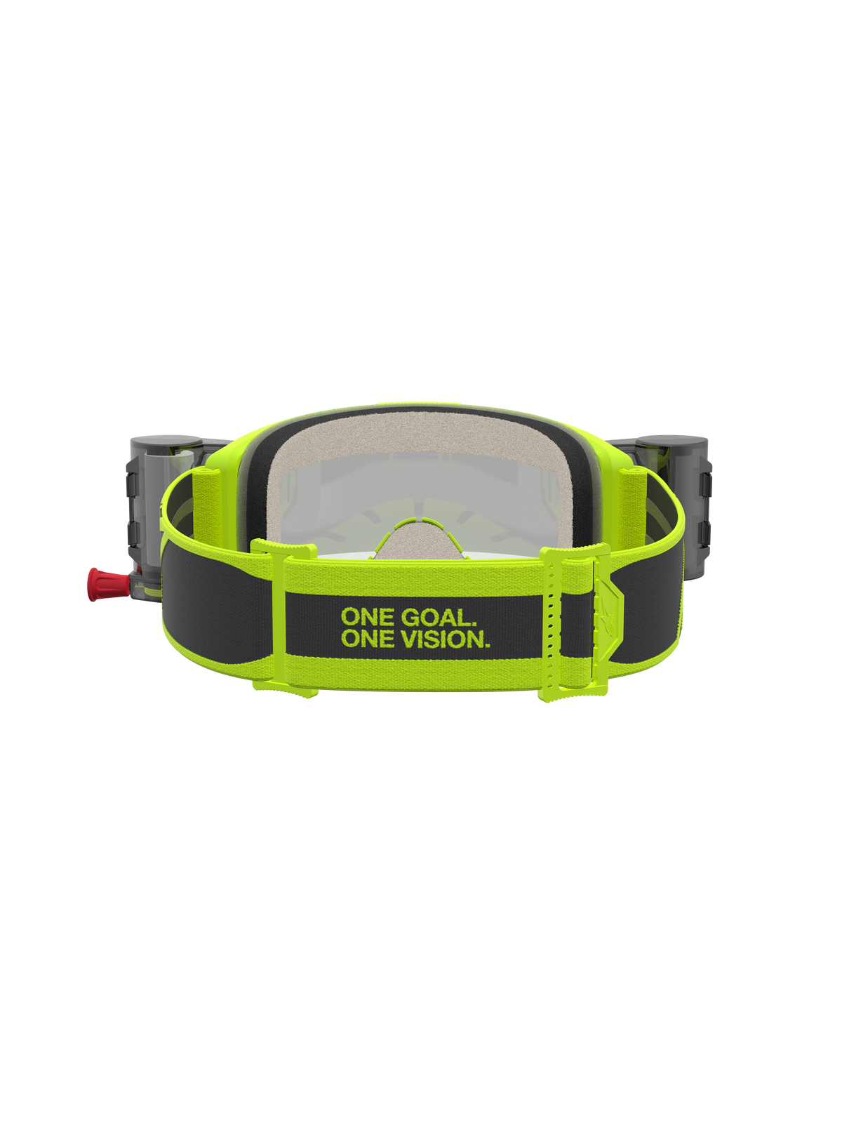 Alpinestars Vision 5 Rora Roll Off Goggles, Motocross Goggles, Yellow Fluo and Black, featuring the rear strap with brand slogan and integrated roll-off canisters.