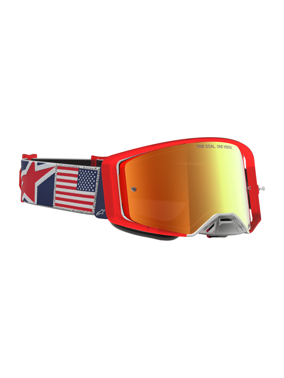 Alpinestars Supertech Fiftyfold Limited Edition motorcrossbril, rood met rode spiegellens en band met Amerikaanse vlag.