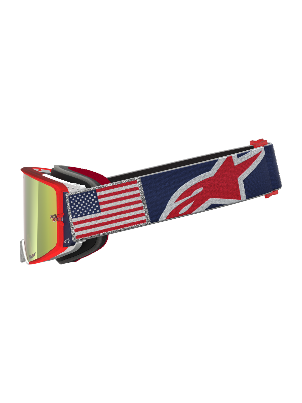 Alpinestars Supertech Limited Edition Fiftyfold veiligheidsbril, rood en blauw, met Amerikaanse vlag en gespiegelde lens.