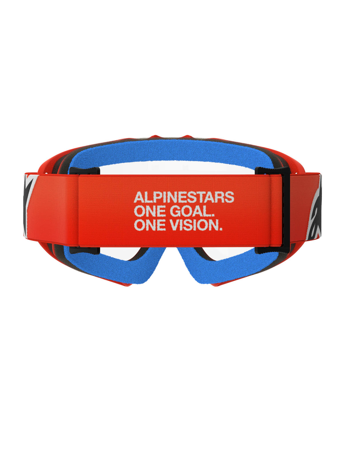 Alpinestars Vision Youth Corp Goggles, Motocross-Brille, Orange mit klarer Scheibe, Rückansicht mit orangefarbenem Band und weißem Alpinestars-Slogan, blauem Innenschaumstoff und klarer Polycarbonat-Scheibe