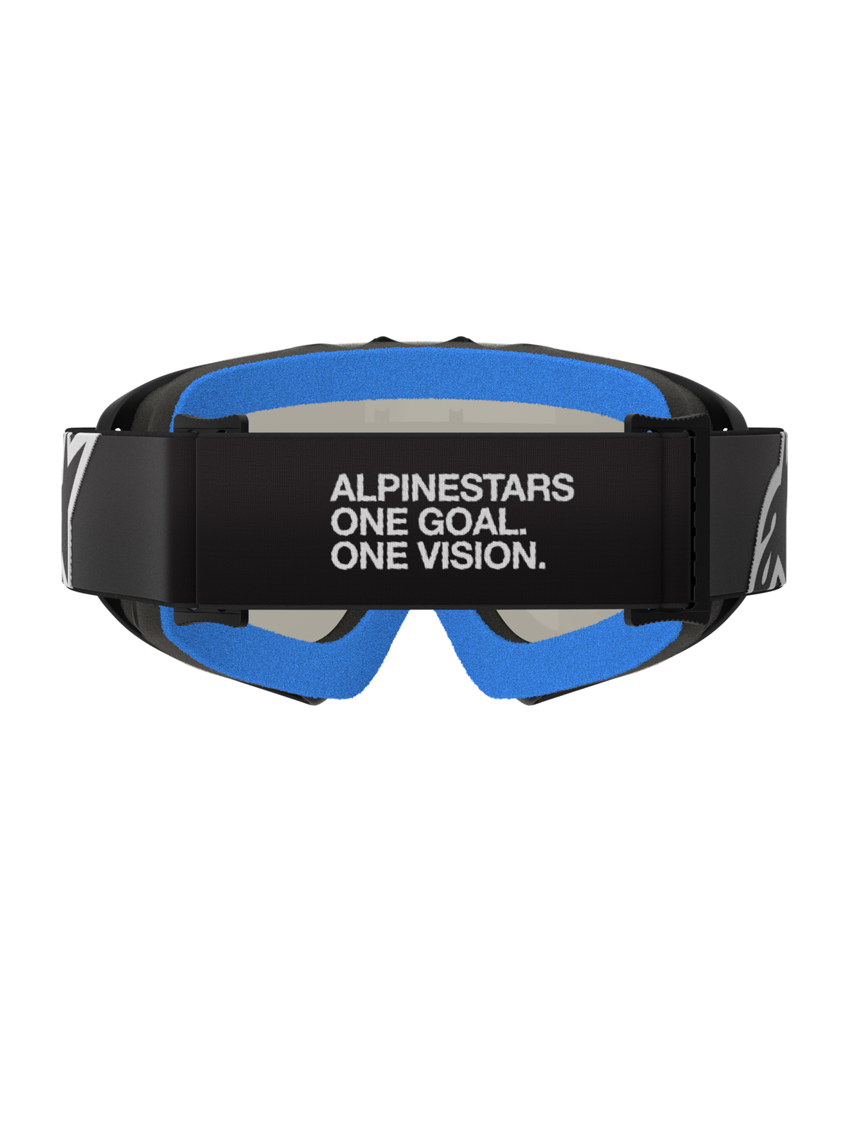 Alpinestars Vision Youth Corp Goggles, Black Mirror Silver, Motocross-Brille, Rückansicht mit schwarzem Band mit weißem Text „ALPINESTARS ONE GOAL. ONE VISION.“, leuchtend blauem Plüsch-Gesichtsschaum und schwarzem A-FLEX-Rahmen.