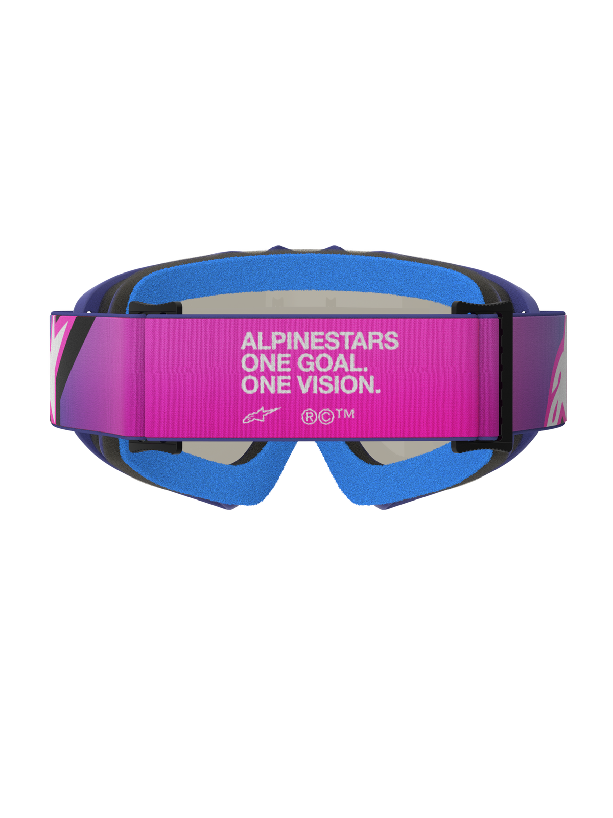Alpinestars Vision Youth Corp Goggles, Motocross-Brille, Lila, Fluo-Pink und Mirror Blue, Rückansicht mit einem pinkfarbenen verstellbaren Band mit weißem „ALPINESTARS ONE GOAL. ONE VISION.“ Text, blauem gepolstertem Gesichtsschaum und lila Urethan-Rahmen, konzipiert für junge Offroad-Fahrer.
