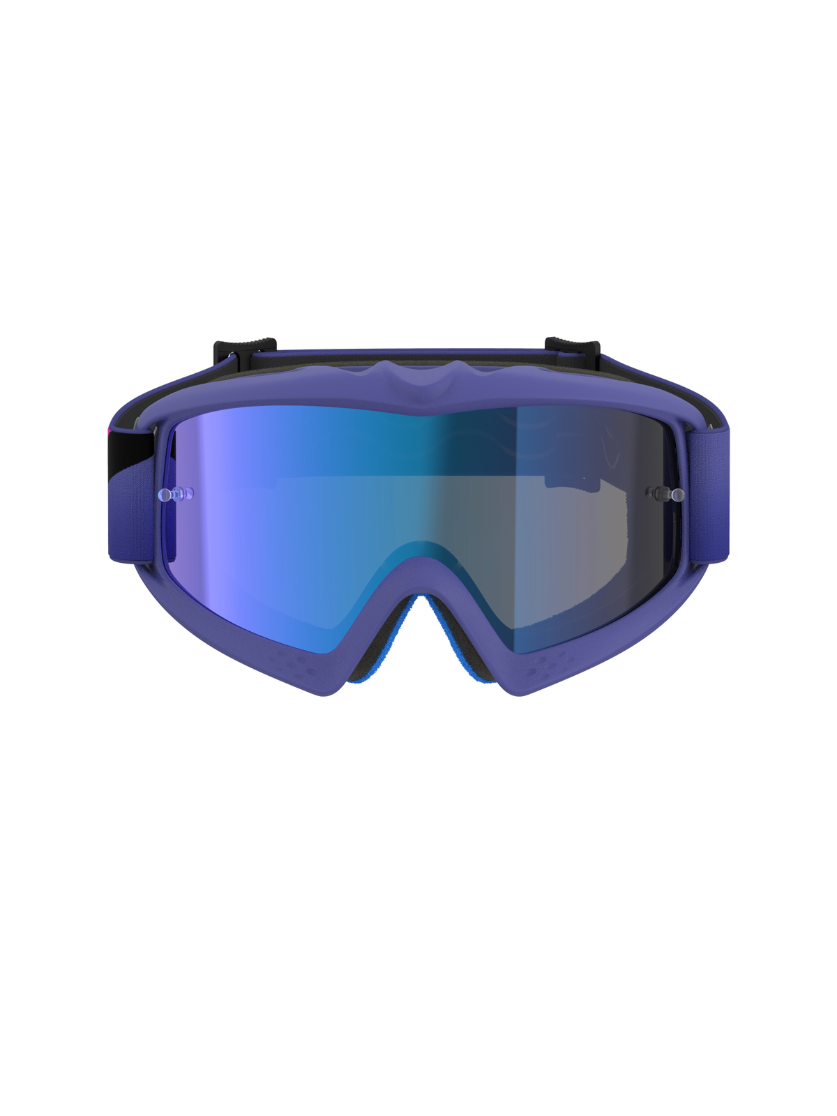 Alpinestars Vision Youth Corp Goggles, Motocross-Brille, lila und neonpinker Rahmen mit Mirror Blue Glas, jugendspezifischer Offroad-Augenschutz, Frontalansicht zeigt A-FLEX Rahmen und mehrstufige Gesichtsschaum-Konstruktion