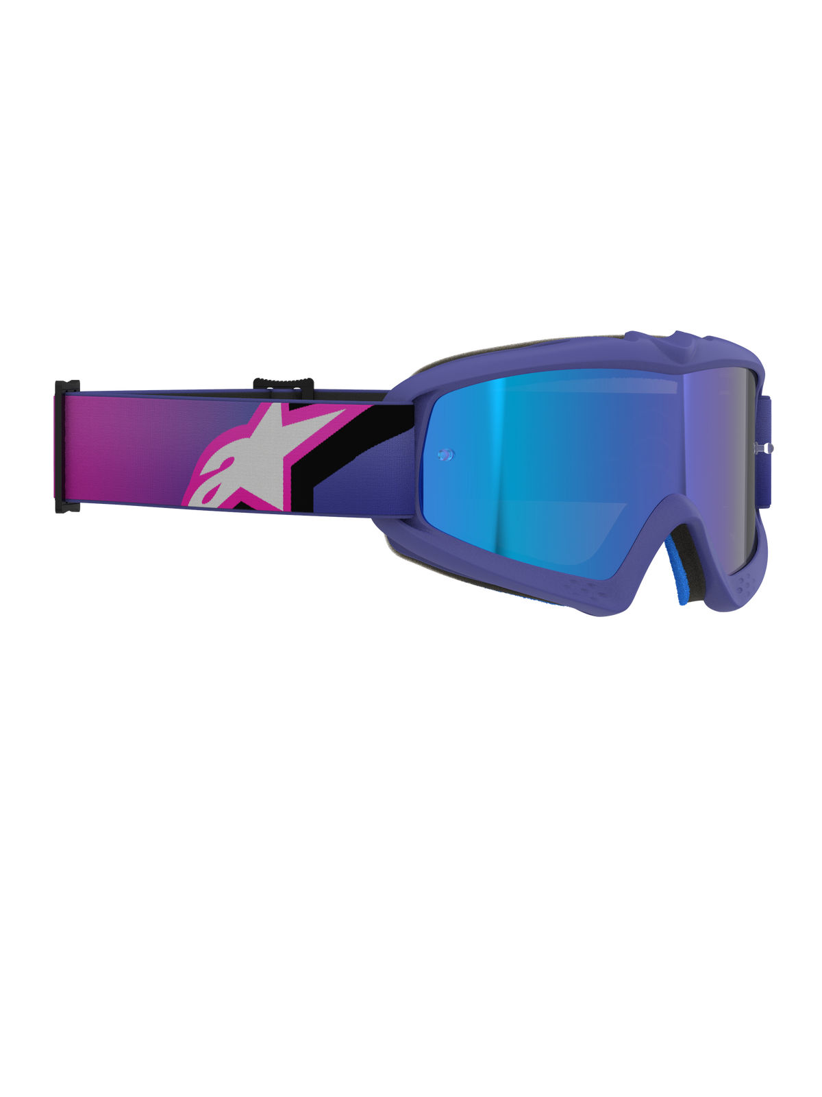 Alpinestars Vision Youth Corp Goggles, Motocross-Brille, Rahmen in Violett und Fluo-Pink mit blau verspiegeltem Brillenglas, breites elastisches Band mit einem pink-weißen Alpinestars-Logo, Hochleistungs-Offroad-Brille für junge Fahrer