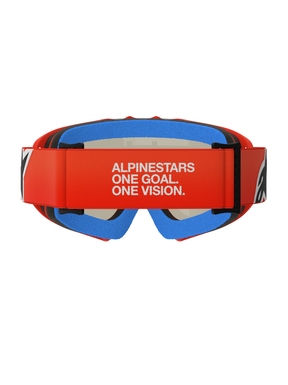 Alpinestars Vision Youth Corp Goggles, Jugend-Motocross-Brille, Orange und Rot mit blauem Schaumstoff, Rückansicht mit breitem rotem Band mit weißem „ALPINESTARS ONE GOAL. ONE VISION.“-Branding, mehrlagiger Komfort-Schaumstoff für einen sicheren Sitz