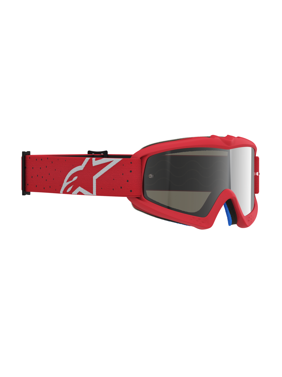 Masque Vision Vesta Junior Alpinestars, masque de motocross tout-terrain pour enfant, rouge fluo et blanc, avec lentille miroir argentée et sangle élastique à logo blanc.