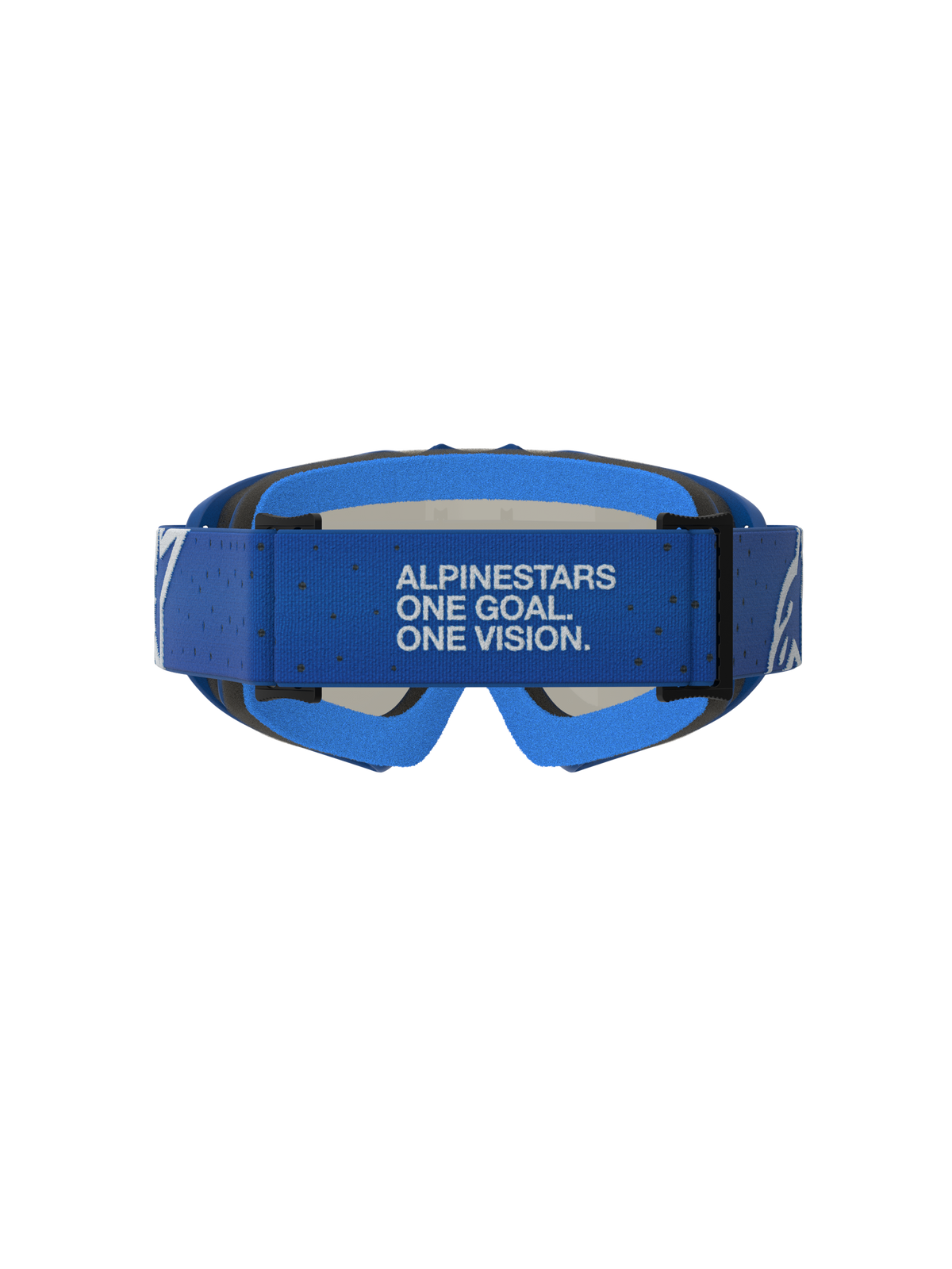 Alpinestars Vision Vesta junior, masque de motocross bleu et blanc, vue arrière avec sangle logotypée ajustable