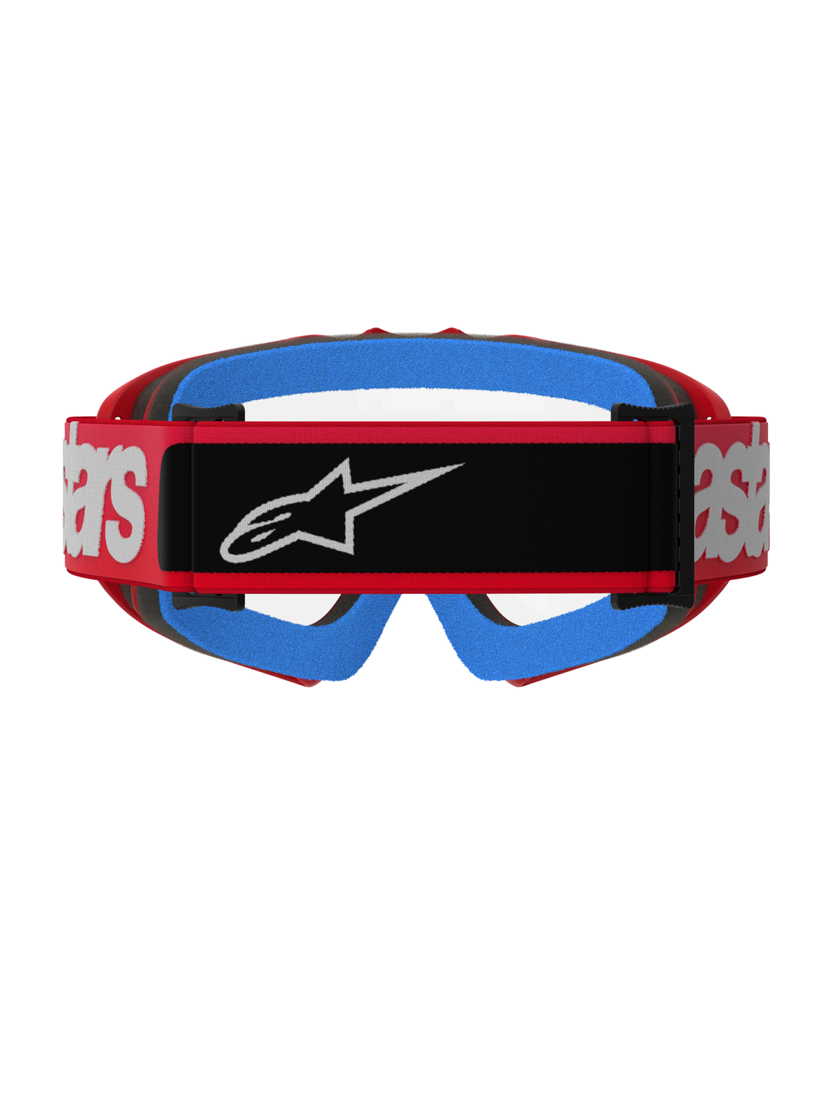 Alpinestars Vision Youth Blaze Goggles, rood en transparant, achteraanzicht met een rode geweven band met zwarte logopatch en witte branding, felblauw gezichtsschuim en een heldere anticondenslens, ontworpen voor jeugd motorcross racing.