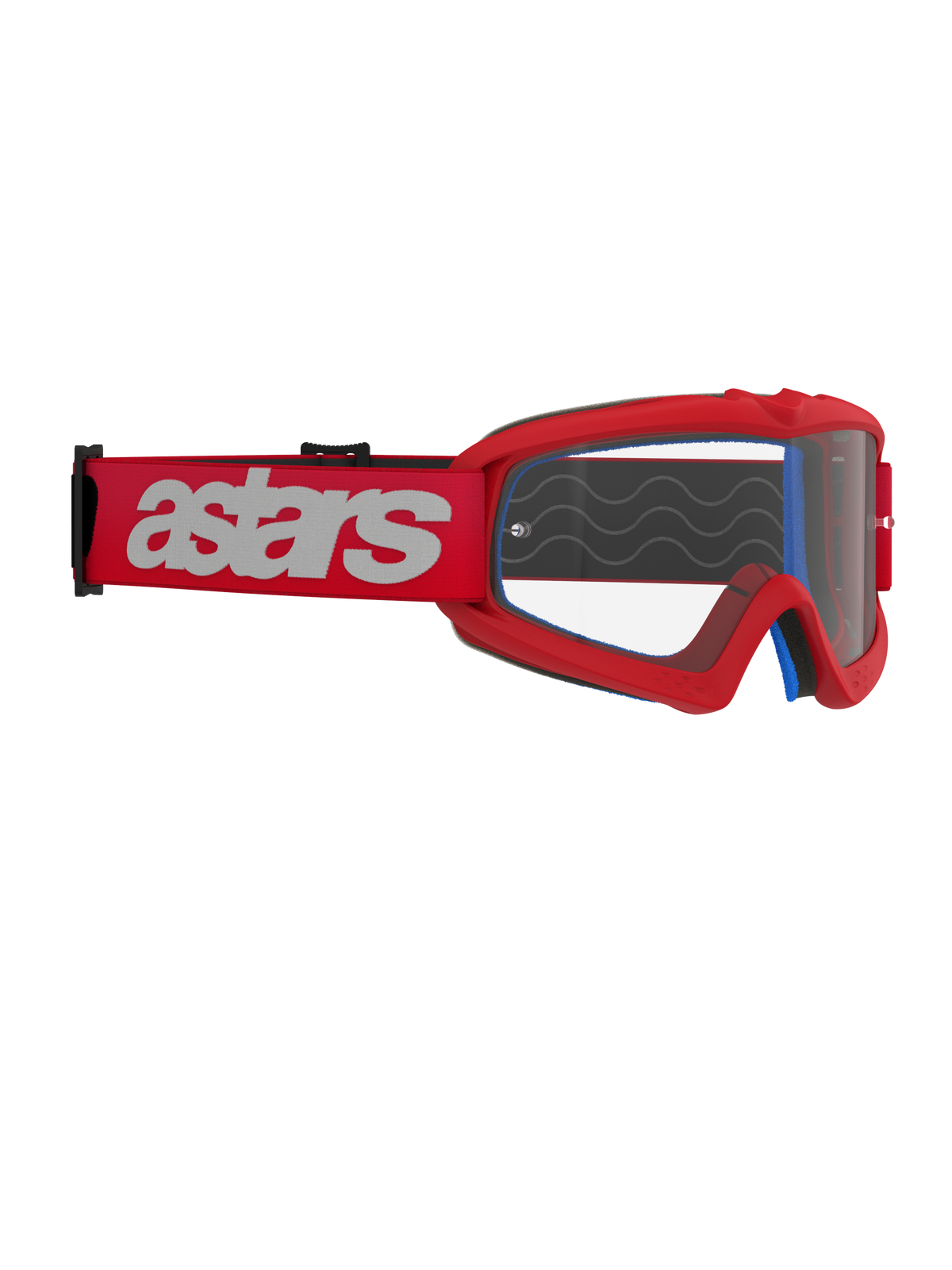 Alpinestars Vision Youth Blaze Goggles, motorcrossbril, rood en helder, rode band met wit astars-logo, jeugdspecifieke racebril met anti-fog polycarbonaat lens