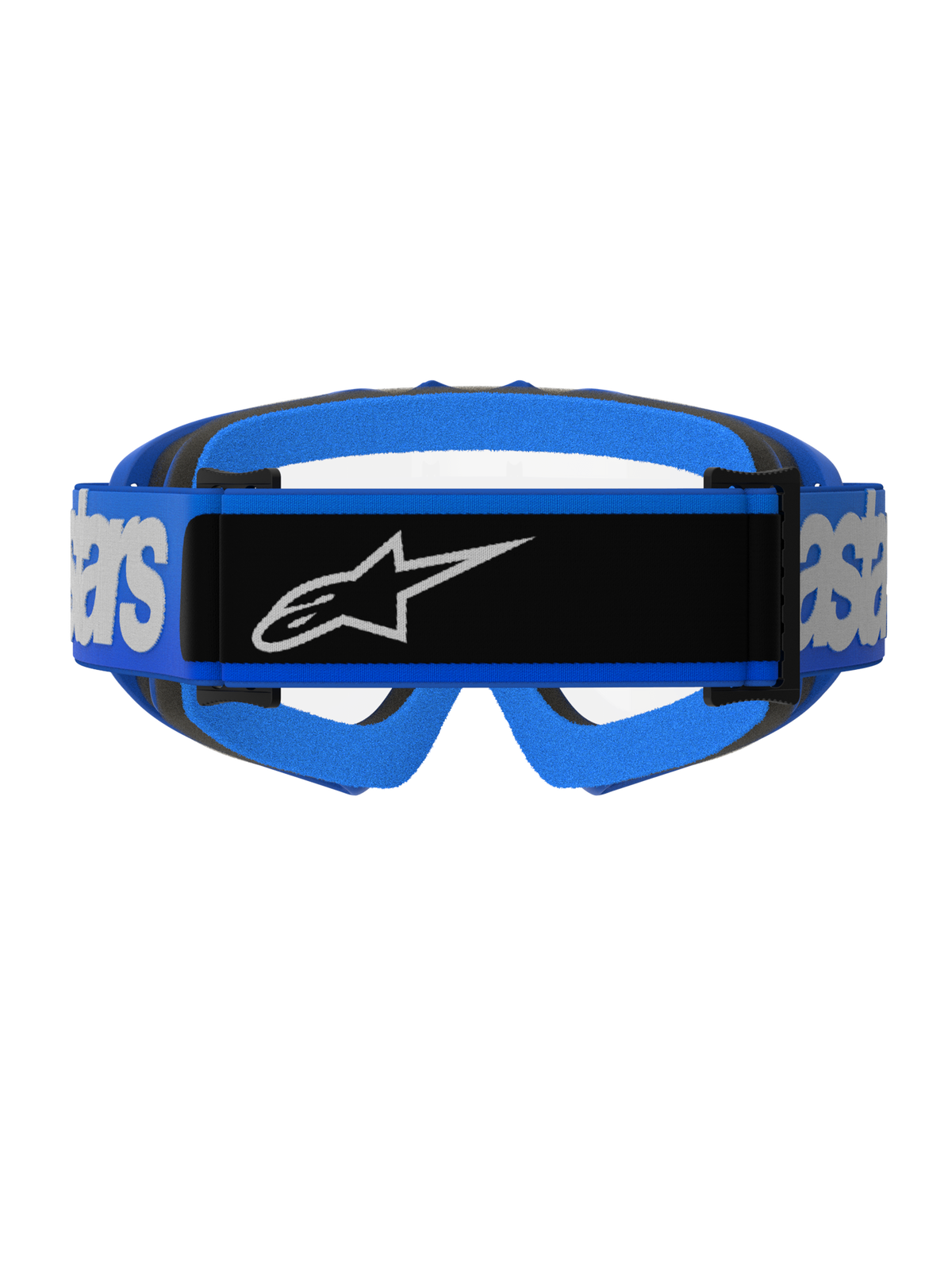 Alpinestars Vision Youth Blaze Goggles, Motocross-Brille, Blau und Transparent, Rückansicht mit breitem blauen Band, schwarzem Mittelteil und weißem Alpinestars-Logo, blau-schwarzer Schaumstoffpolsterung, klare Sicht durch die Linse