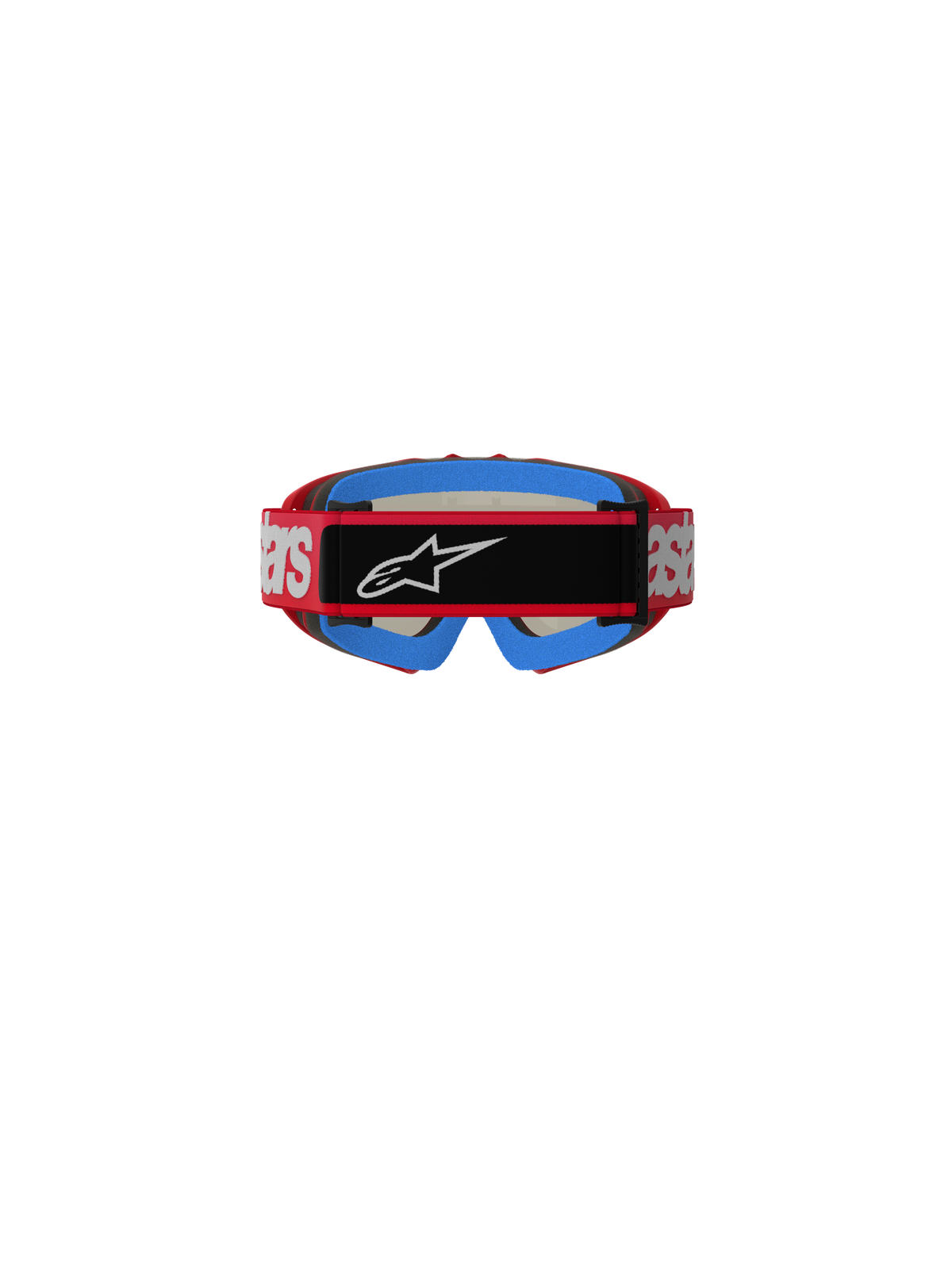 Alpinestars Vision Youth Blaze Goggles, motorcrossbril, rood en zilver, achteraanzicht met rode band met witte branding en een zwart middenstuk met wit Astars-logo, blauwe schuimvulling aan de binnenzijde