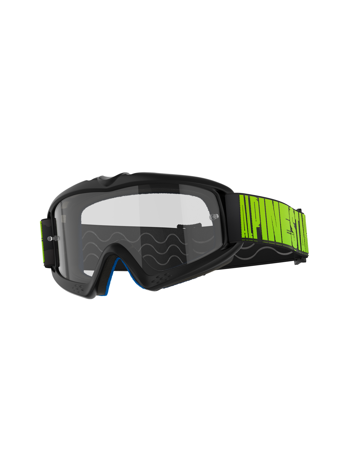 Alpinestars Vision Youth Hollow Goggles, Motocross-Brille, anthrazitfarbener Rahmen mit klarer Anti-Beschlag-Scheibe, schwarzes Brillenband mit auffälligem neongelbem Branding, blauer Innenschaum, entwickelt für junge Fahrer im Offroad-Rennsport