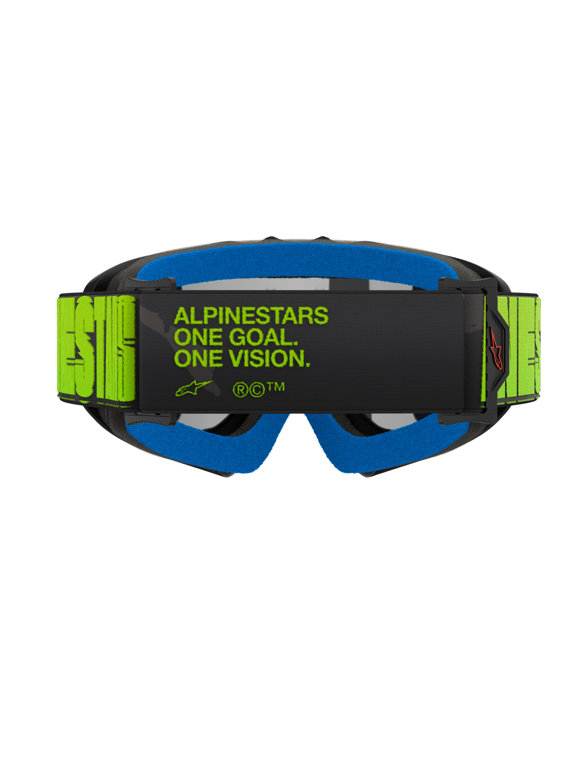Alpinestars Vision Youth Hollow Schutzbrille, Rückansicht mit fluoreszierendem gelbem Band und schwarzem „One Goal. One Vision.“ Schriftzug, blauem Gesichtsschaumstoff und anthrazitfarbenem Rahmen, professionelle Motocross-Brille für Jugendliche