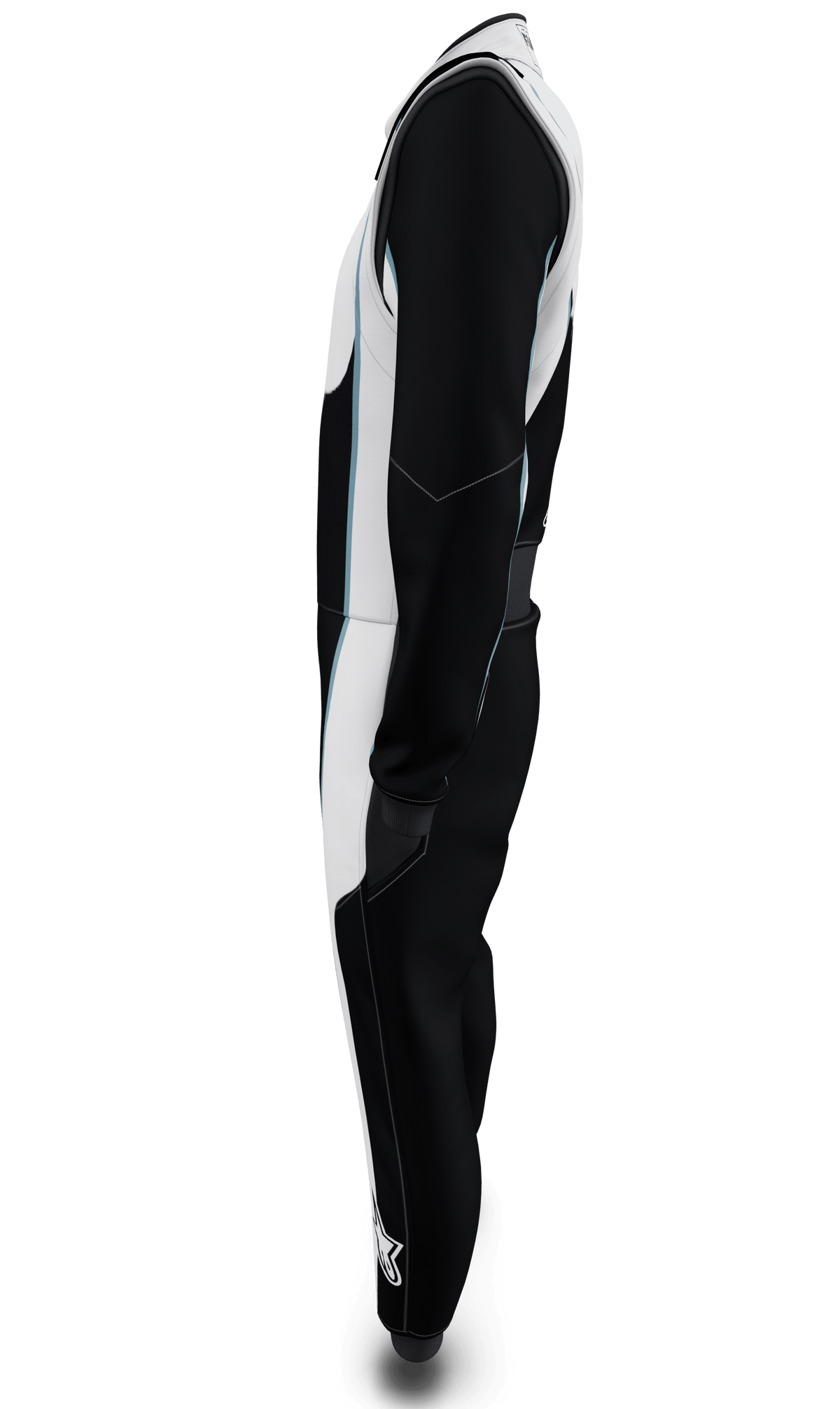 Alpinestars Tech Vision V3, combinaison sur mesure FIA de course automobile, noire et blanche, en Nomex ignifuge, profil.