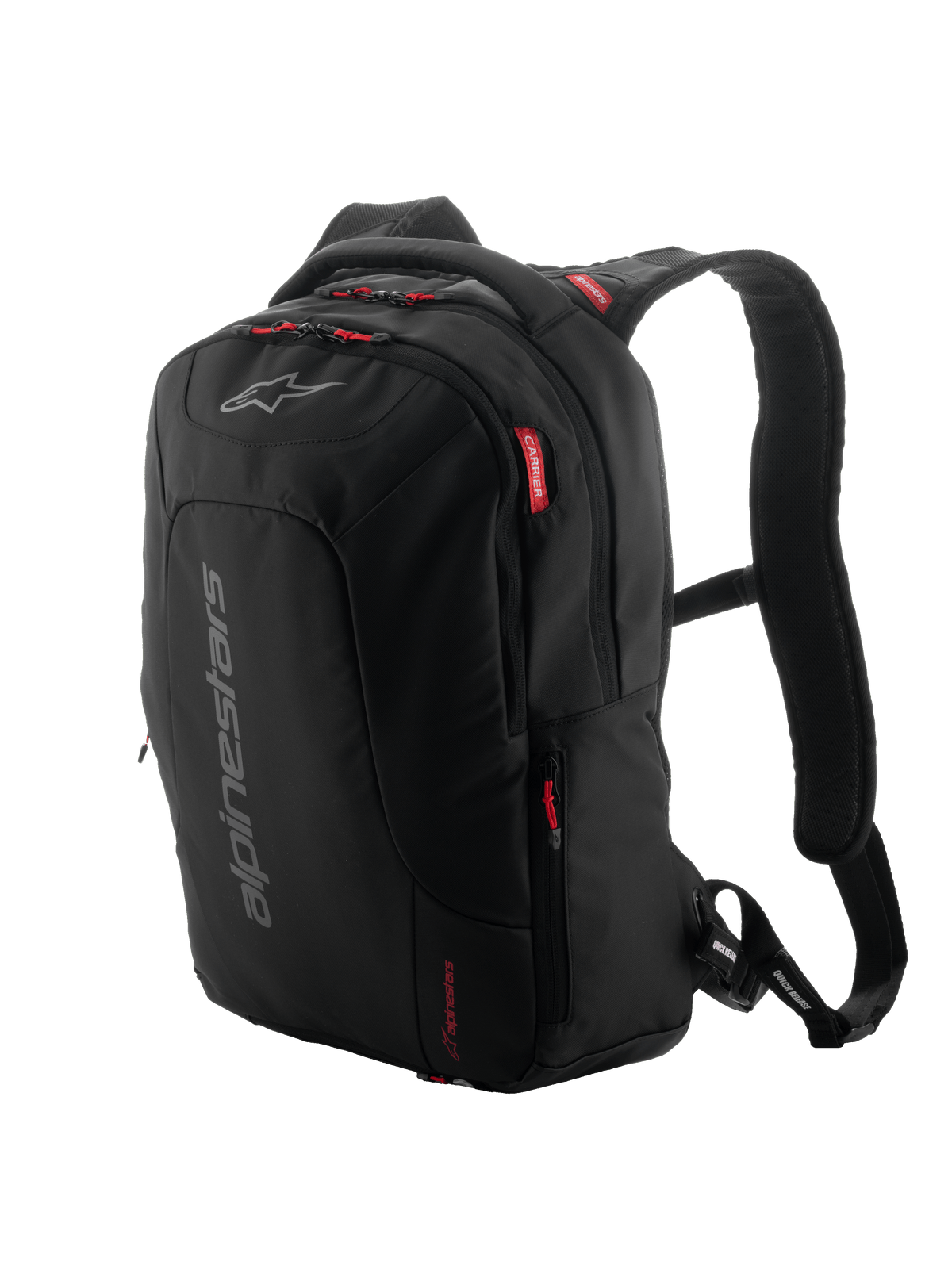 Alpinestars City Hunter V2 rugzak, urban motorrugzak, zwart met rode ritstrekkers en accenten, grijze verticale branding, gevoerde mesh schouderbanden, strak toelopend ontwerp voor stabiliteit tijdens het rijden